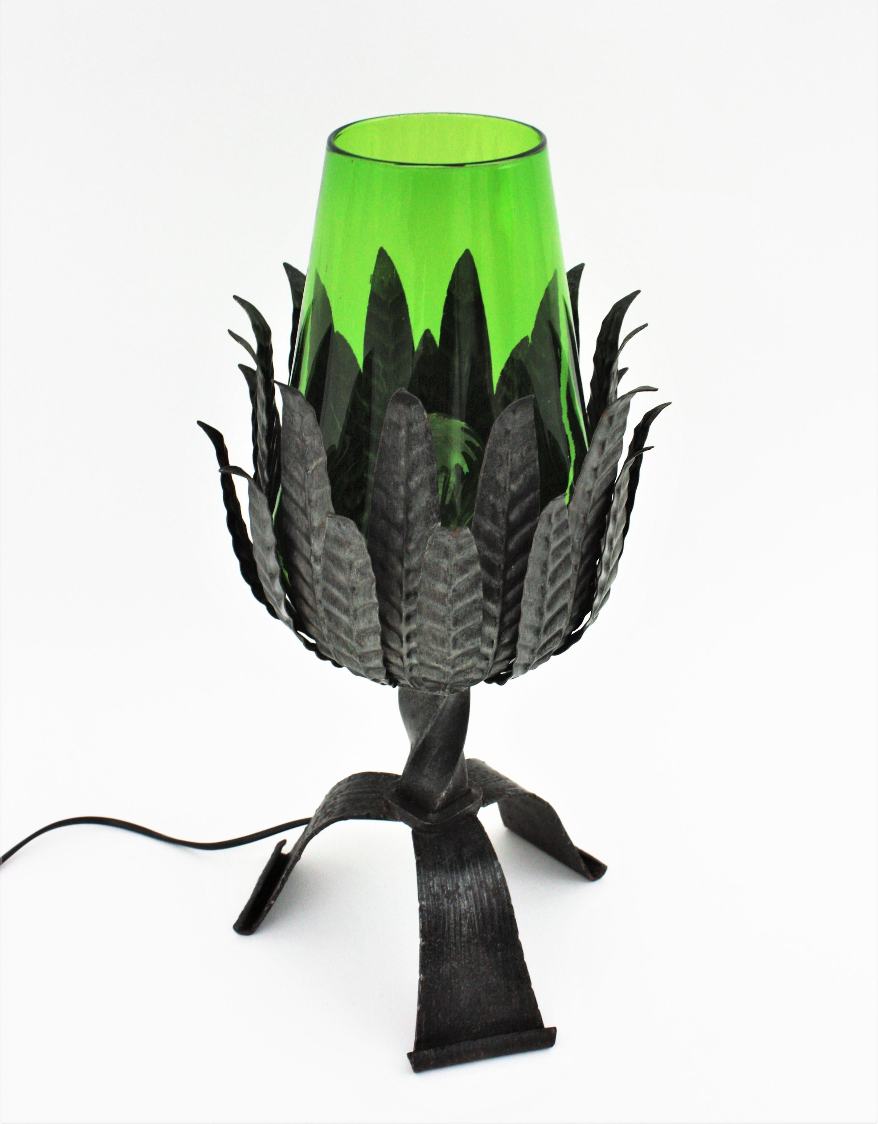 Patinated Spanish Table Lamp, Wrought Iron and Green Glass, 1950s For Sale