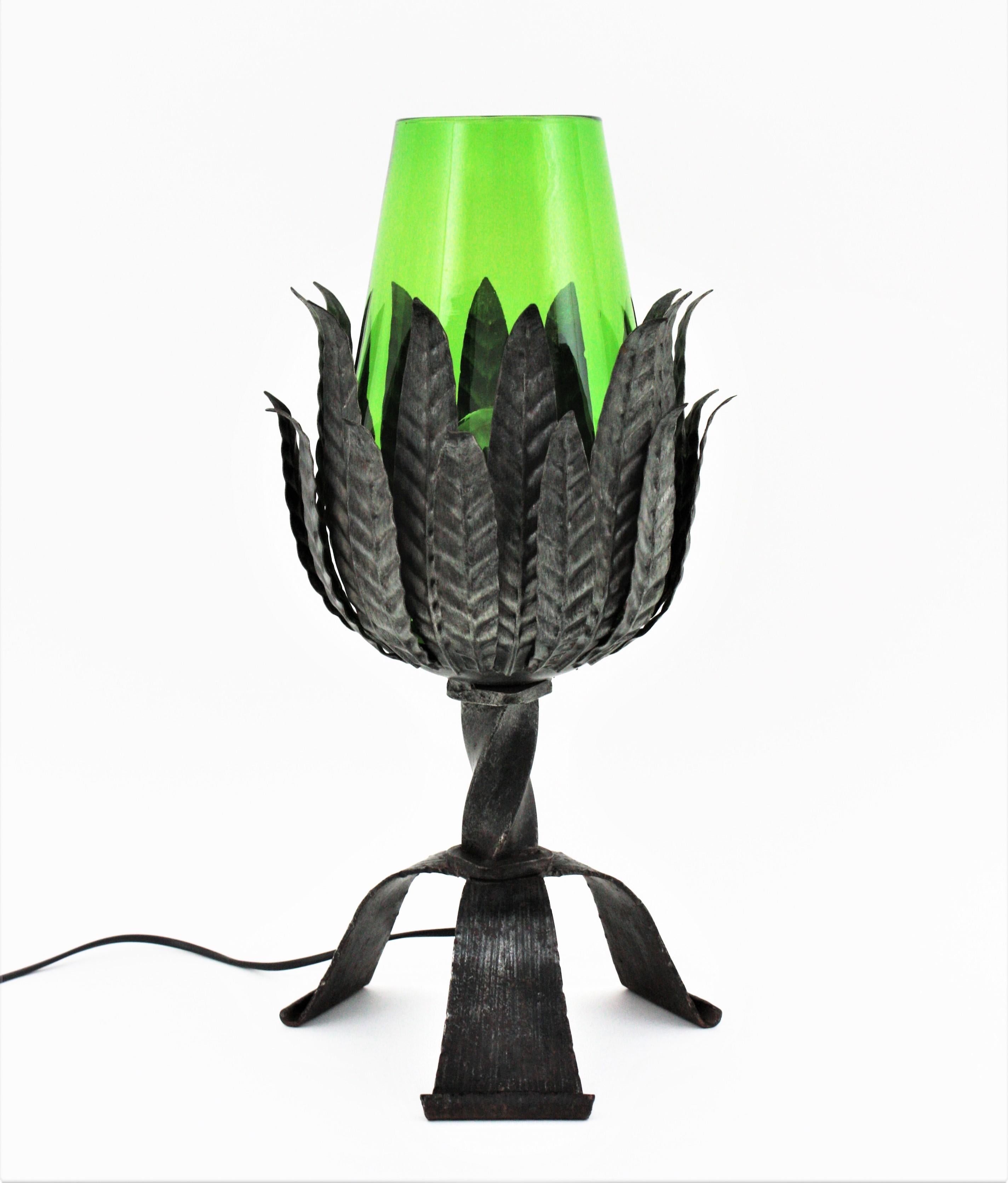 Spanish Table Lamp, Wrought Iron and Green Glass, 1950s For Sale 2