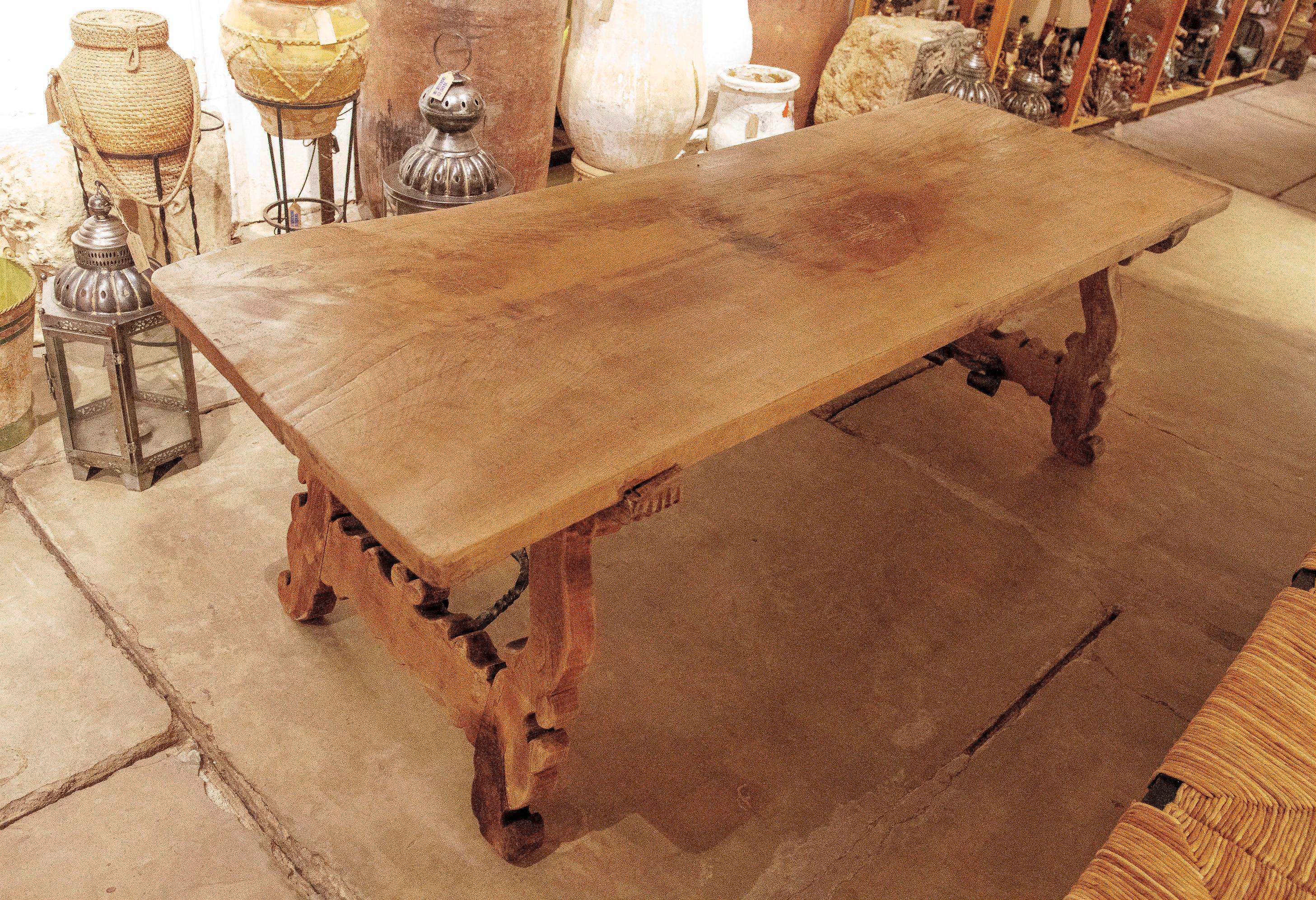 Spanish Large Wooden Table with Hand-Carved Legs and Original Iron Fittings For Sale 1