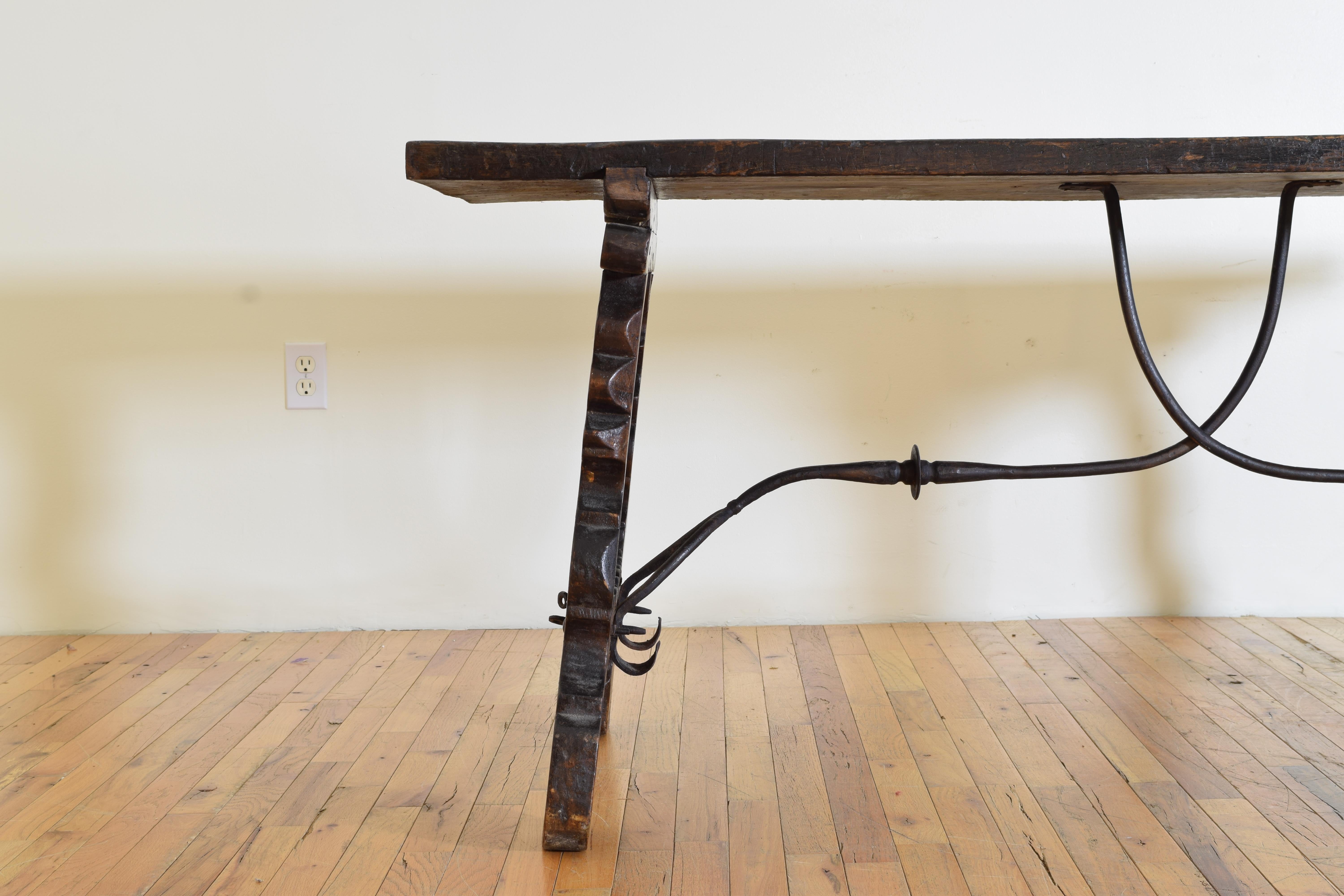 Wrought Iron Spanish Late Baroque Dark Walnut Table with Iron Stretcher, 17th/18th cen.