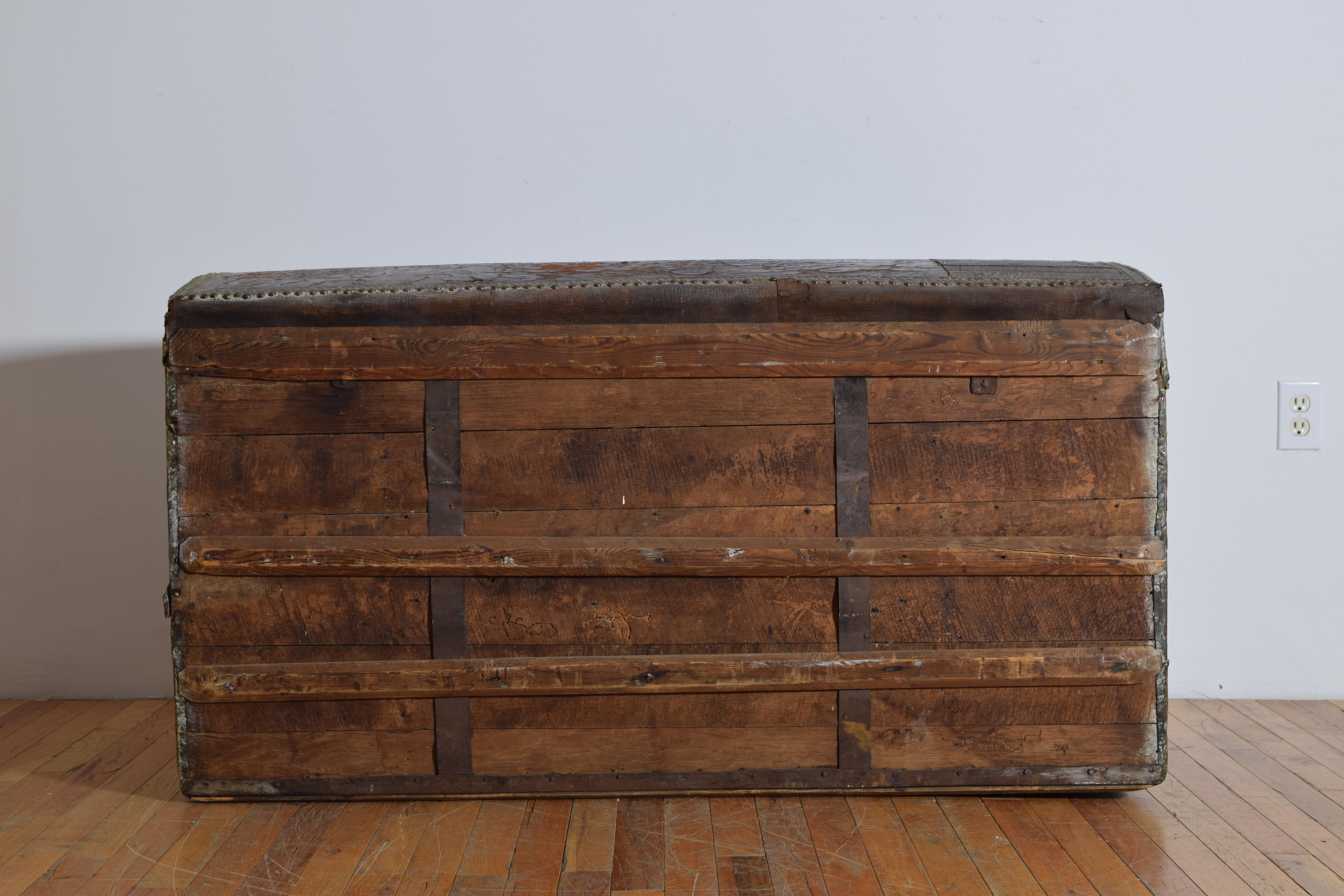 Spanish Late Baroque Leather, Brass, & Wrought Iron Trunk, ca. 1700 For Sale 9