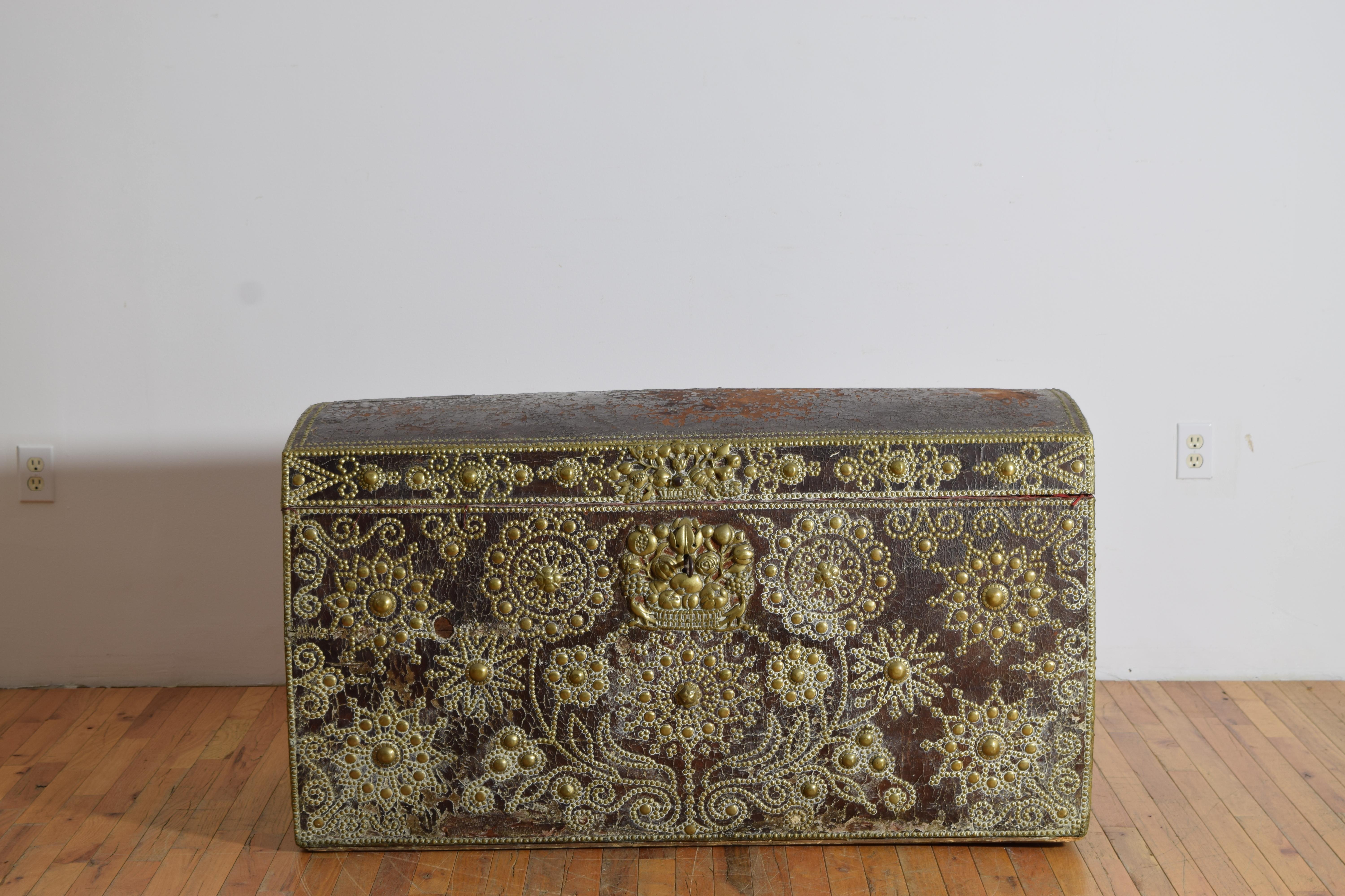 18th Century Spanish Late Baroque Leather, Brass, & Wrought Iron Trunk, ca. 1700 For Sale