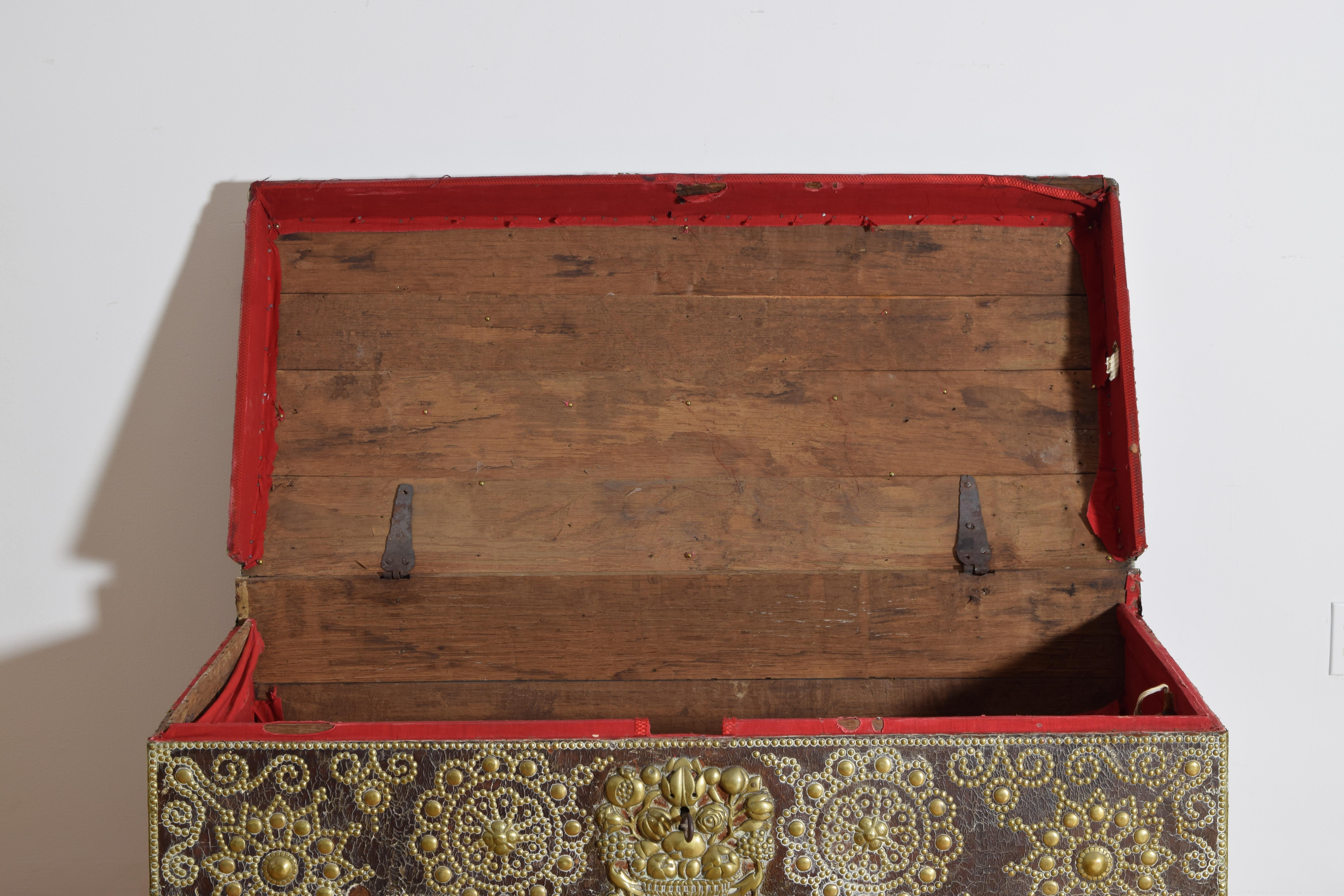 Spanish Late Baroque Leather, Brass, & Wrought Iron Trunk, ca. 1700 For Sale 2