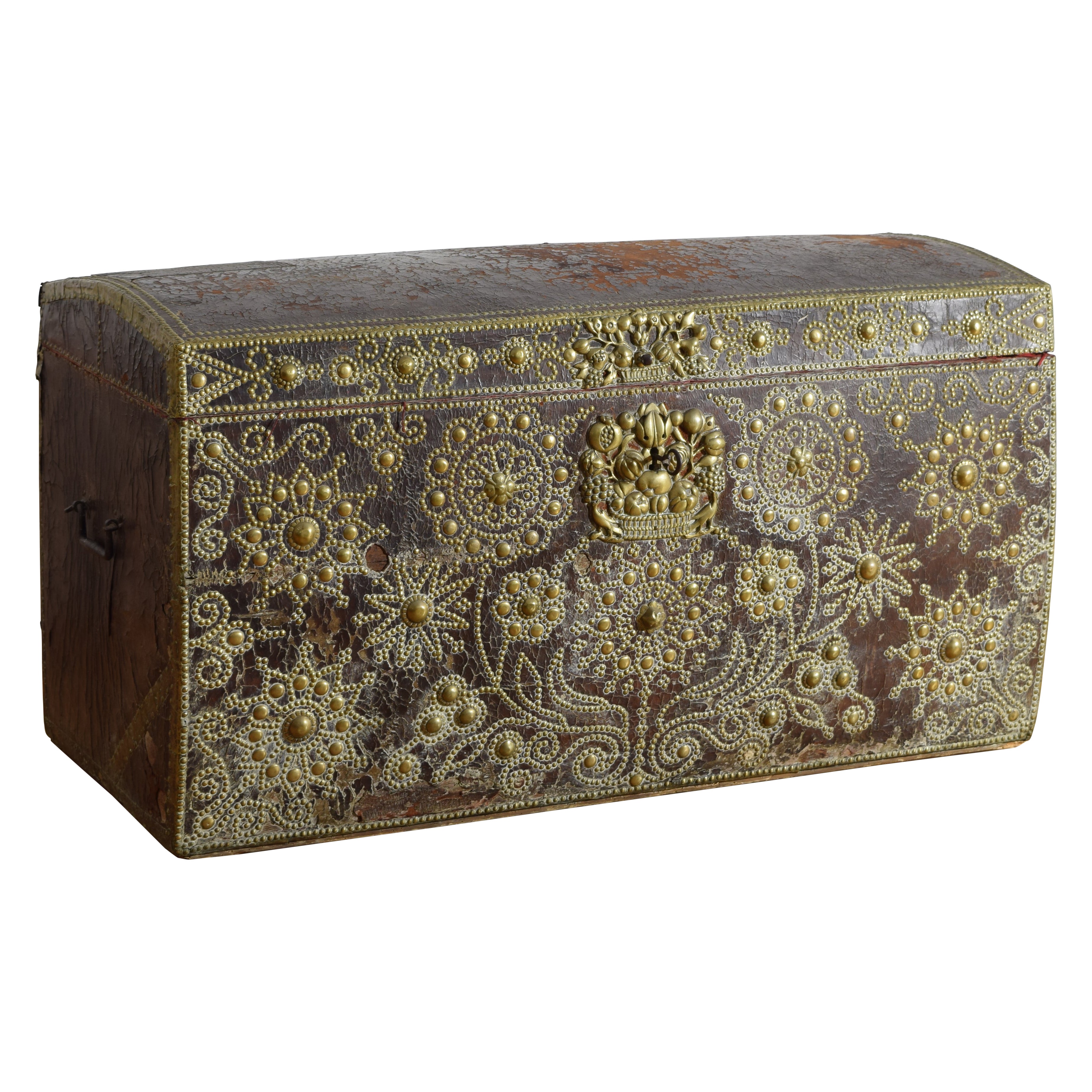 Spanish Late Baroque Leather, Brass, & Wrought Iron Trunk, ca. 1700 For Sale