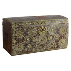 Spanish Late Baroque Leather, Brass, & Wrought Iron Trunk, ca. 1700