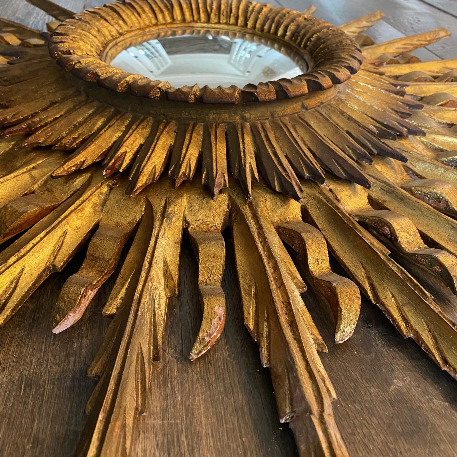 Neoclassical Spanish Layered Intricate Carved Giltwood Soleil Sunburst Starburst Wall Mirror For Sale