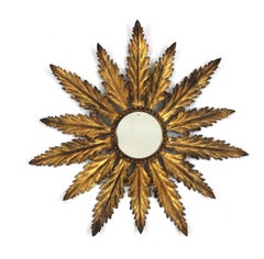 Spanish Leafed Sunburst Mirror in Gilt Metal, 1940s