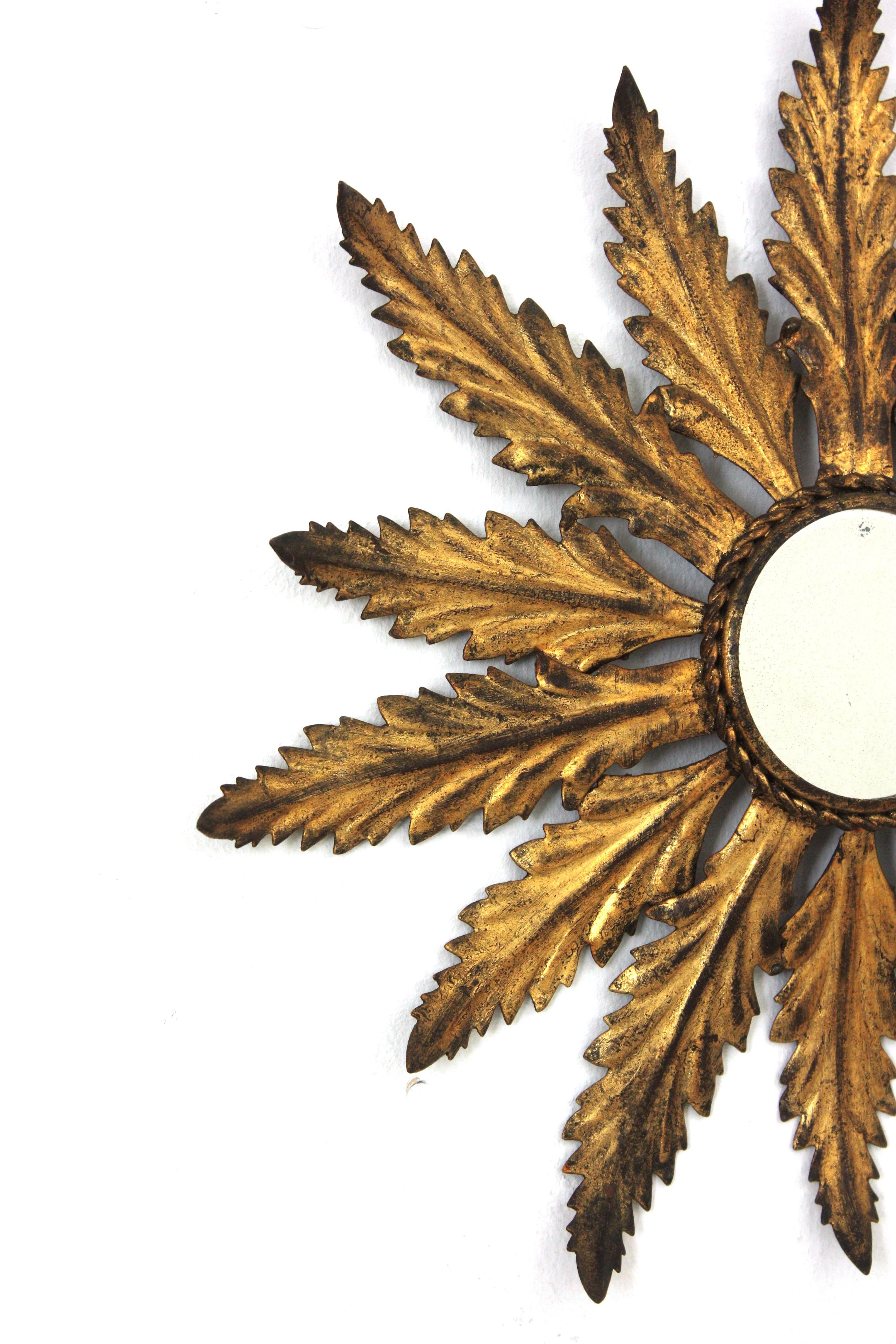 20th Century Spanish Leafed Sunburst Mirror in Gilt Metal, 1940s For Sale