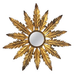 Spanish Leafed Sunburst Mirror in Gilt Metal, 1940s