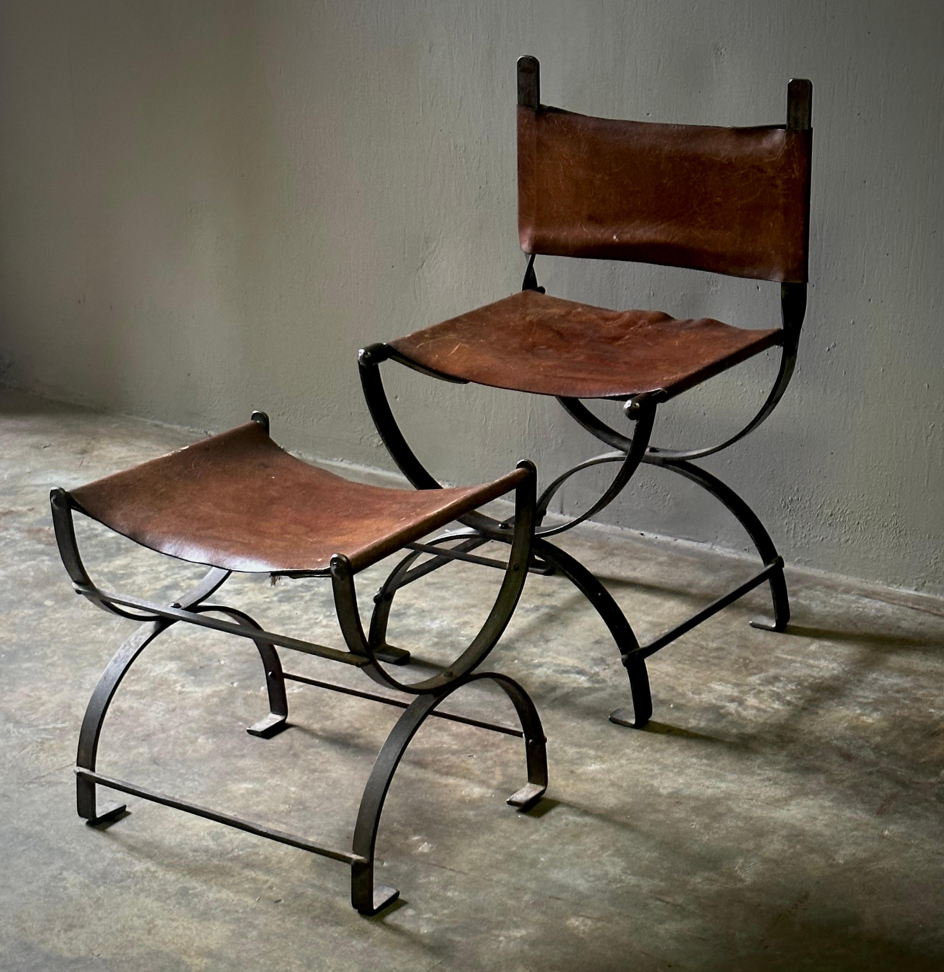 Mid-20th Century Spanish Leather and Iron Chair with Bench For Sale