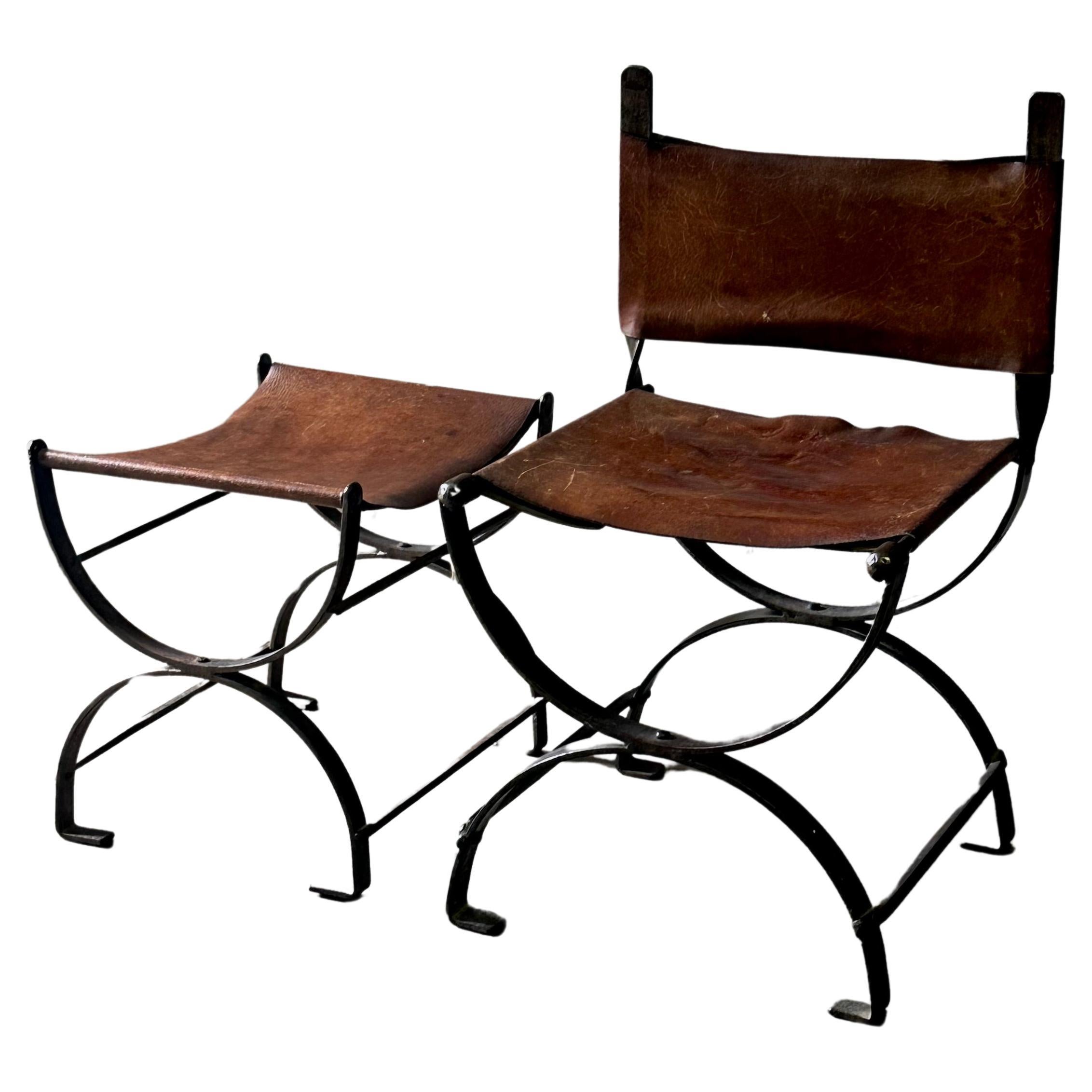 Spanischer Stuhl aus Leder und Eisen mit Bank