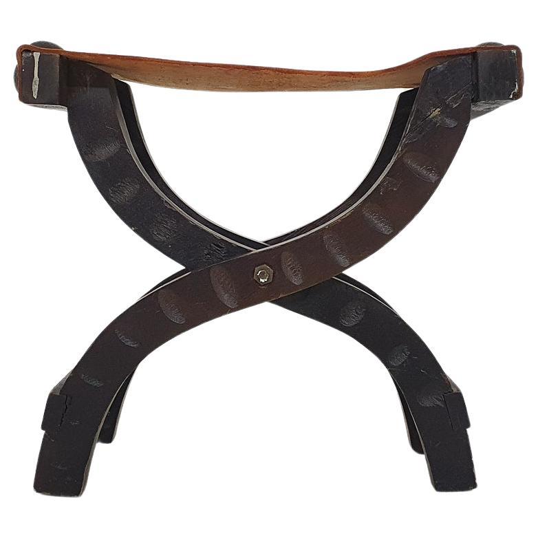 Spanish Leather and Oak Folding Stool, 1950
s