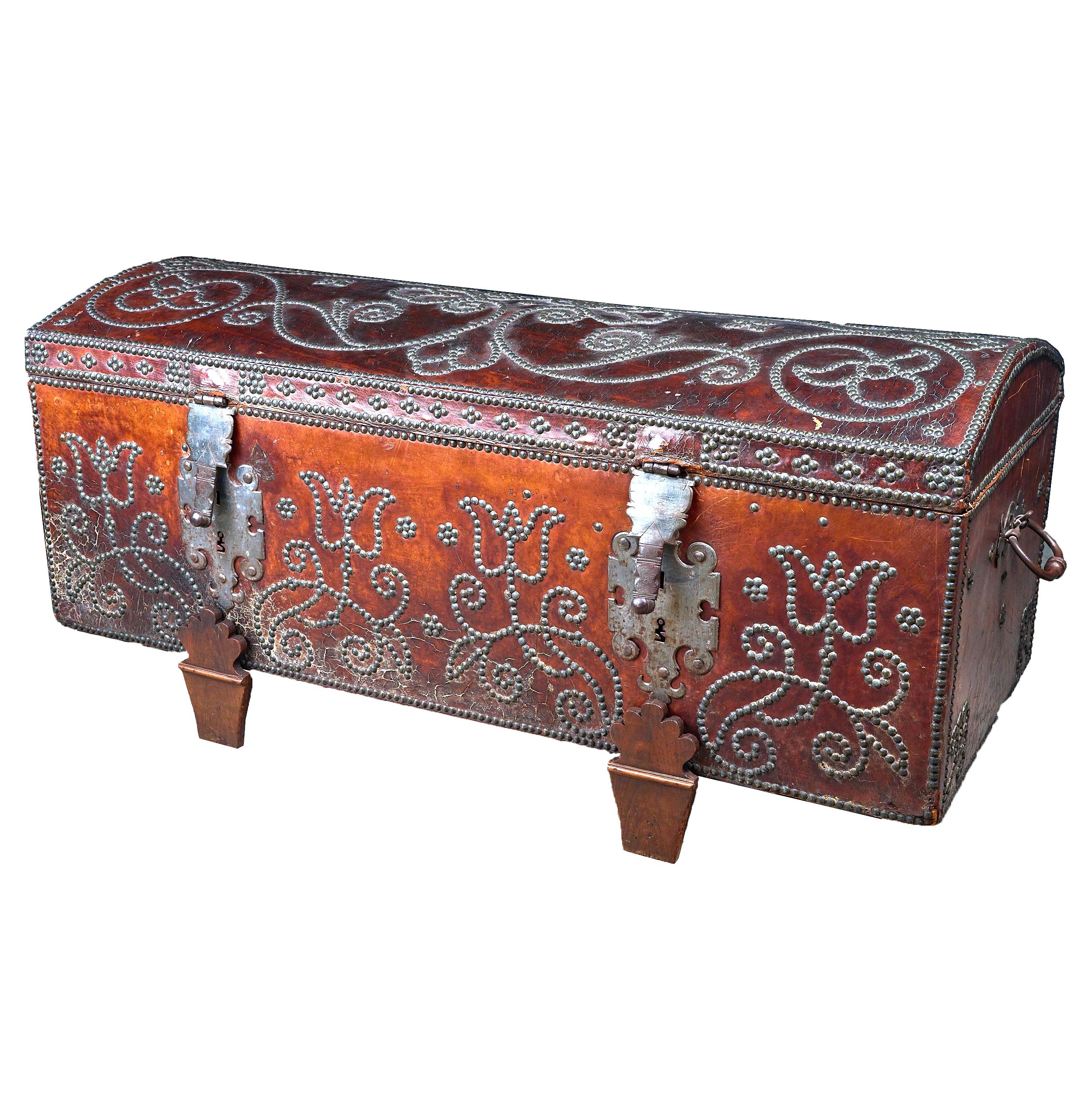 Spanish Leather and Studded Decorative Trunk on Original Stand In Good Condition For Sale In Round Top, TX