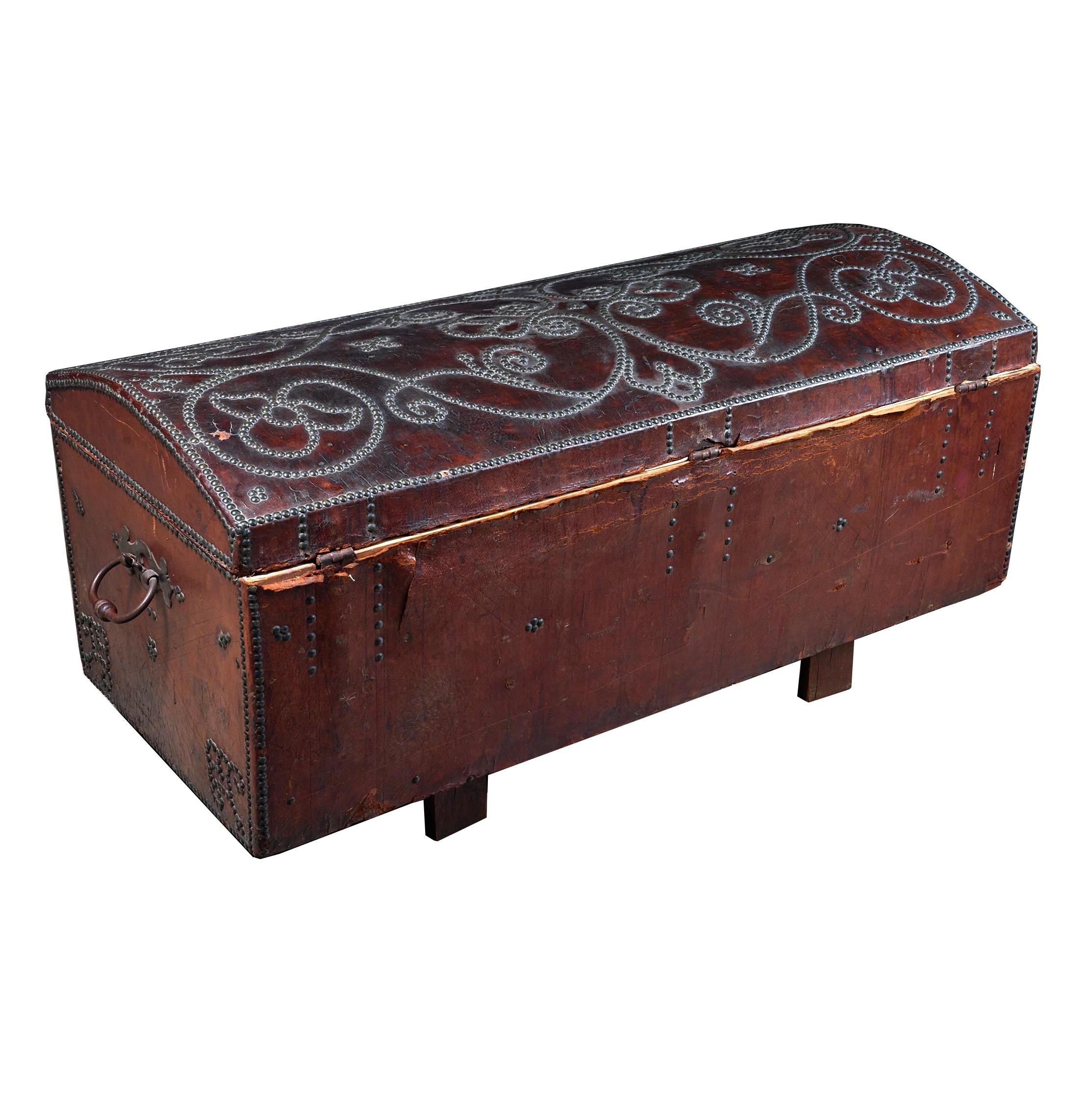 Spanish Leather and Studded Decorative Trunk on Original Stand For Sale 1