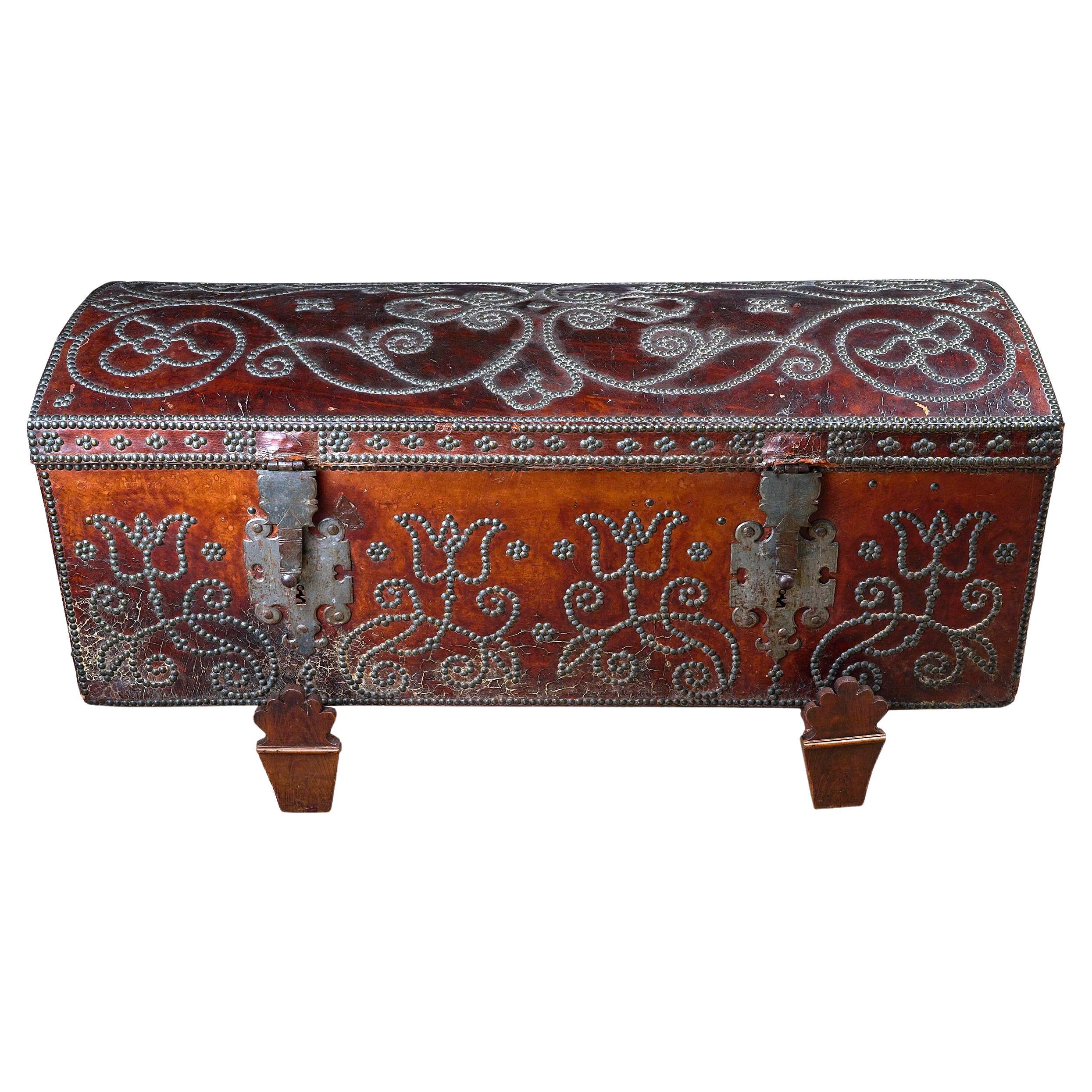 Spanish Leather and Studded Decorative Trunk on Original Stand For Sale
