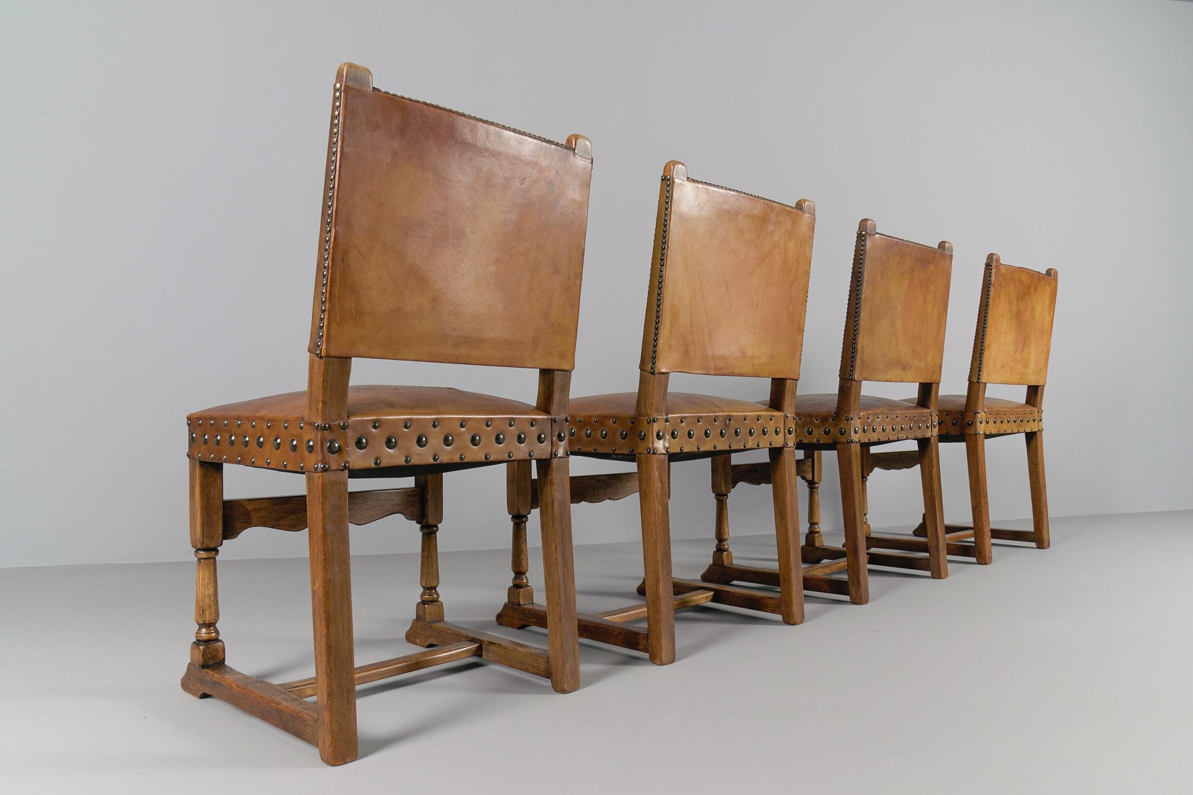 French Provincial  Spanish Leather and Wood Chairs, 1940s, Set of 4 For Sale