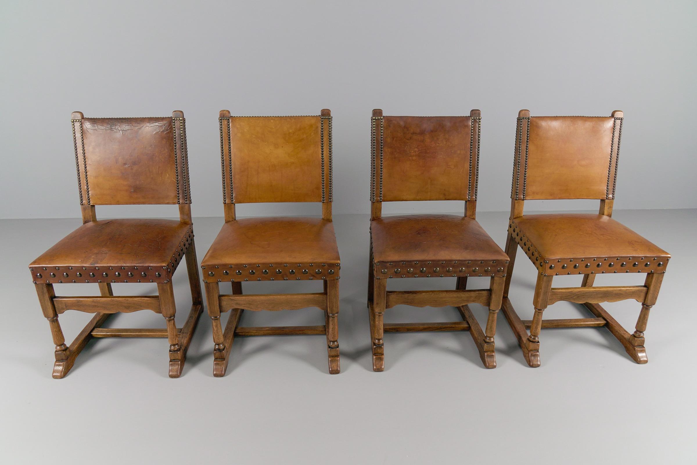 Mid-20th Century  Spanish Leather and Wood Chairs, 1940s, Set of 4 For Sale
