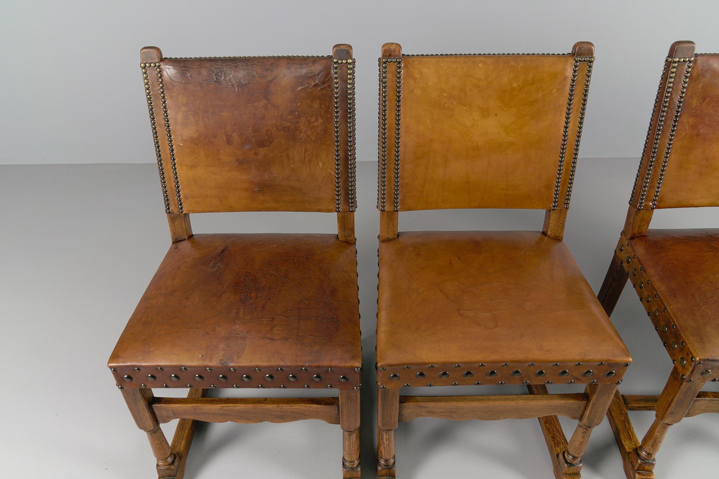  Spanish Leather and Wood Chairs, 1940s, Set of 4 For Sale 1