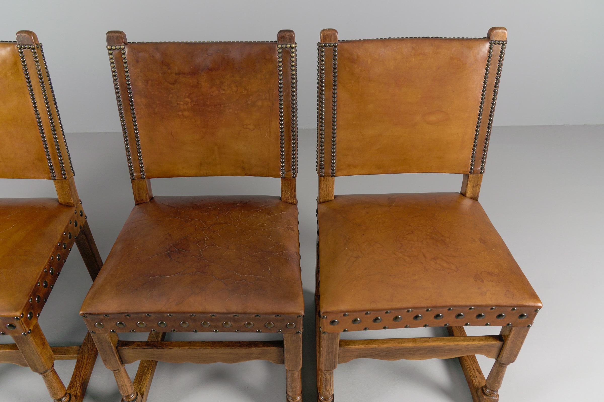  Spanish Leather and Wood Chairs, 1940s, Set of 4 For Sale 2