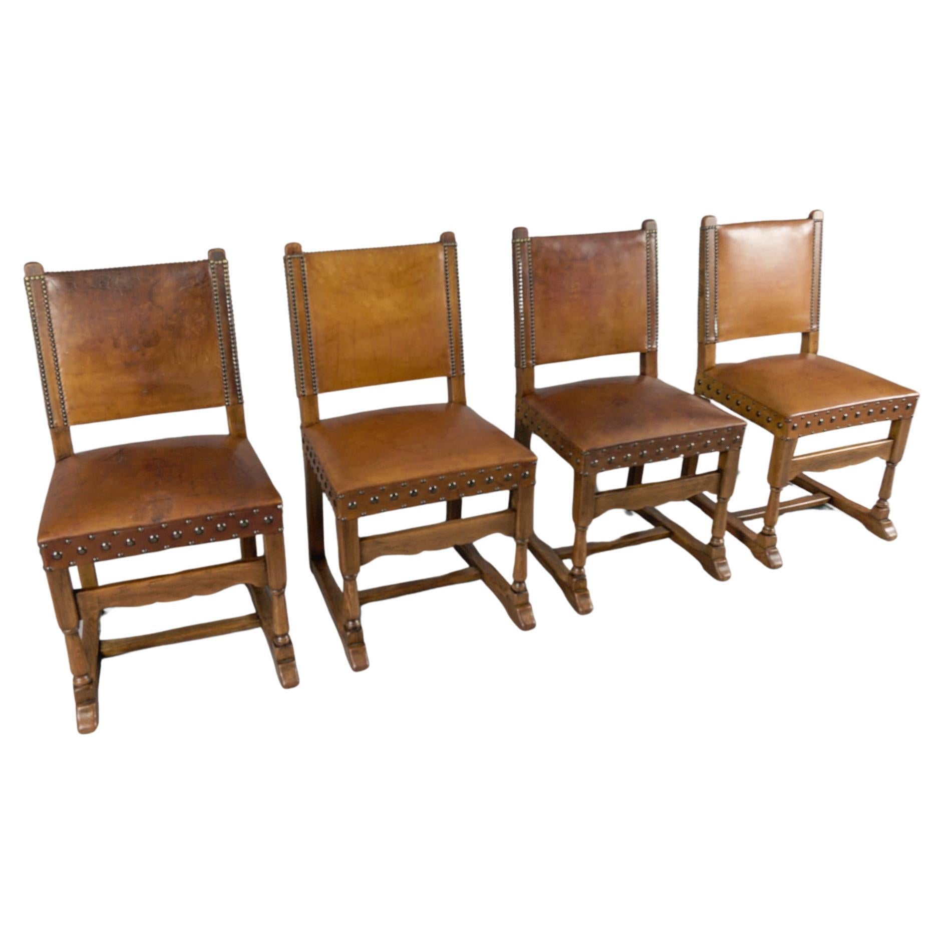  Spanish Leather and Wood Chairs, 1940s, Set of 4 For Sale