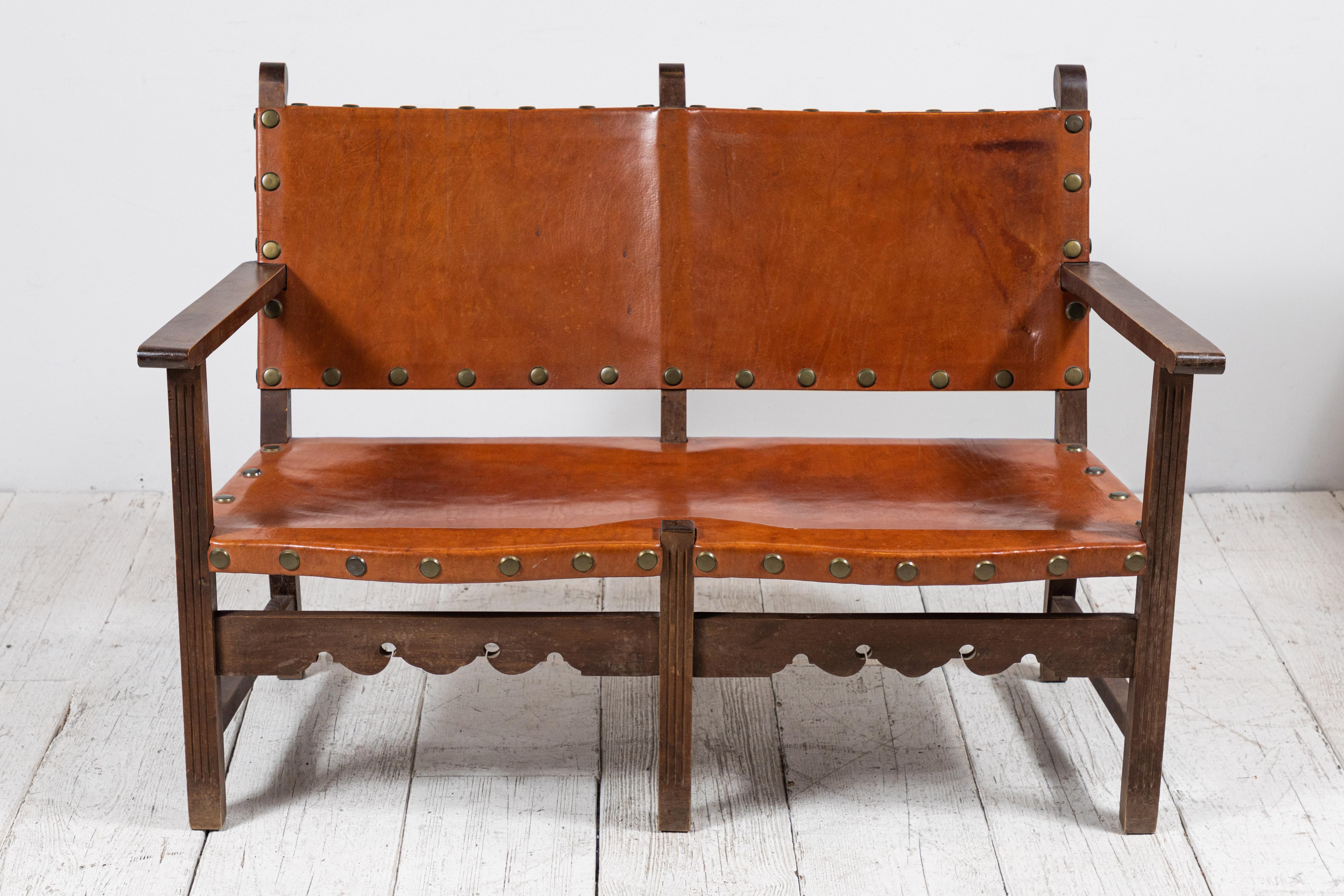 Mid-20th Century Spanish Leather Bench with with Wooden Frame