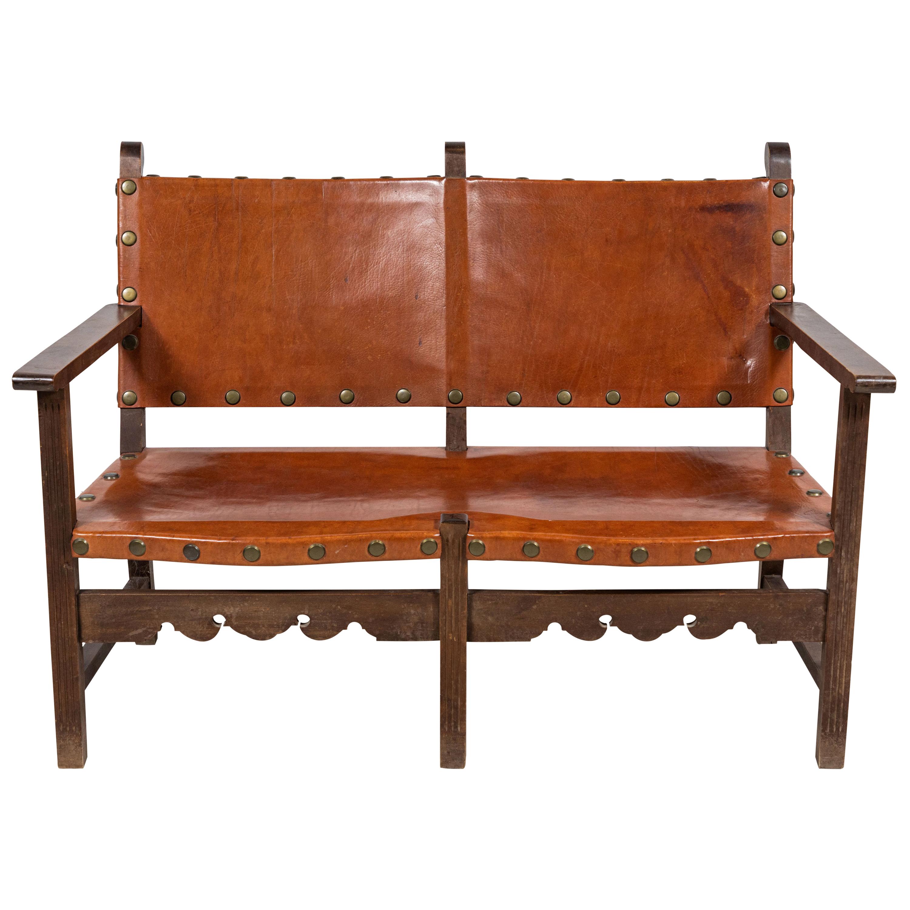 Spanish Leather Bench with with Wooden Frame