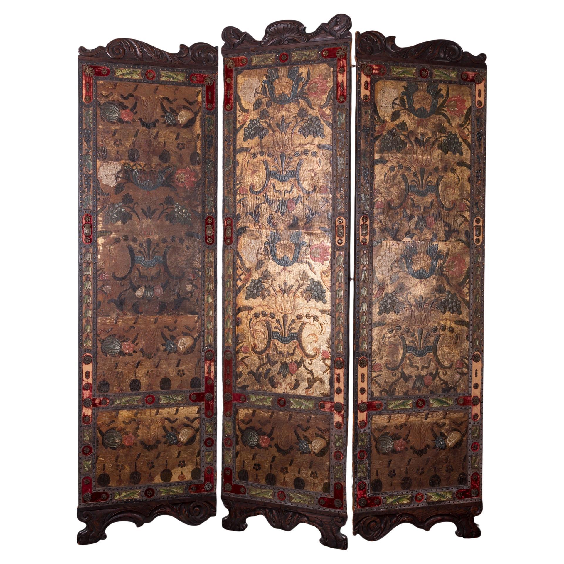 Spanish Leather Screen, 19th Century For Sale