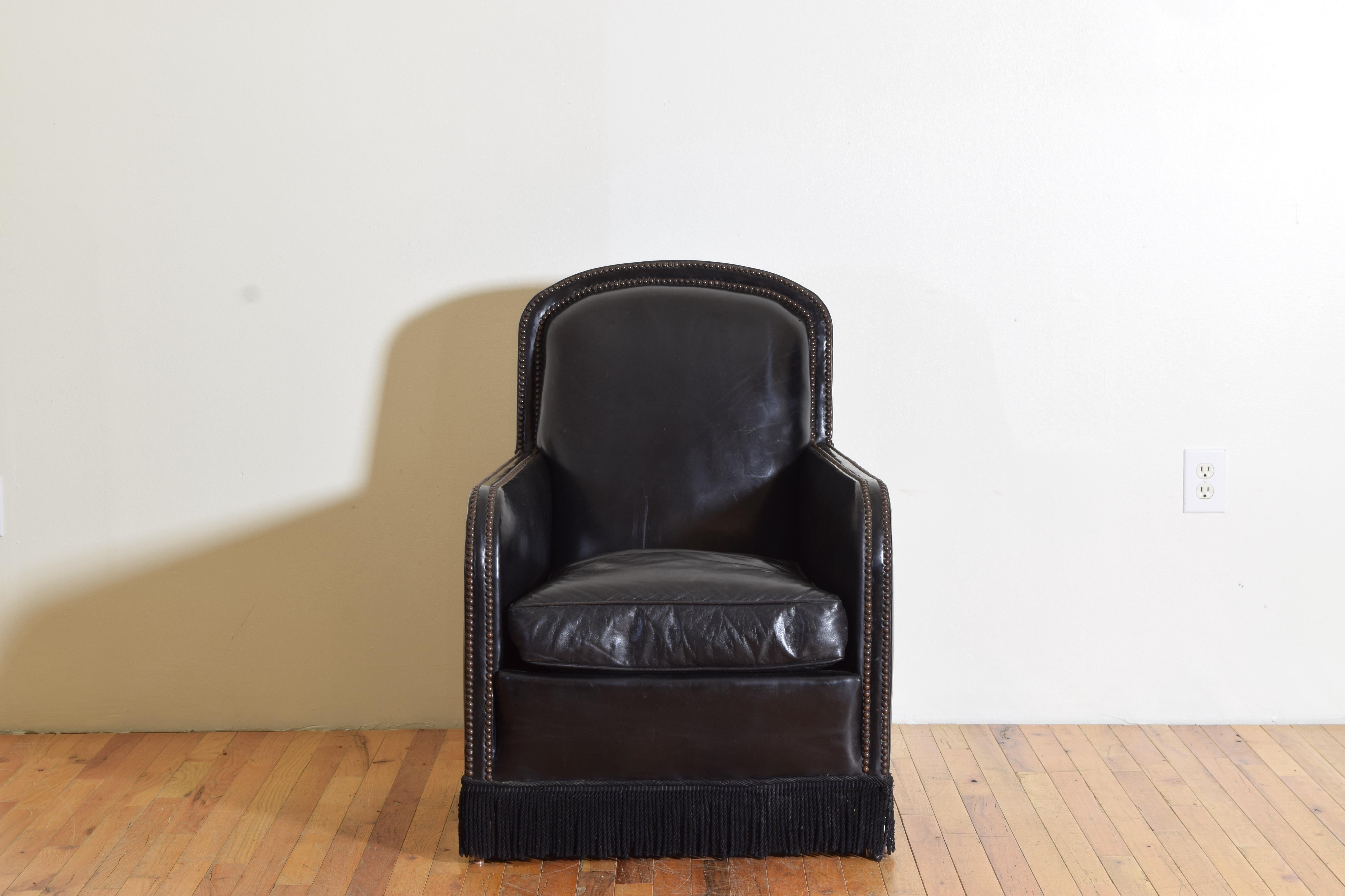 Mid-Century Modern French Leather Upholstered with Fringe Club Chair, Mid-20th Century For Sale