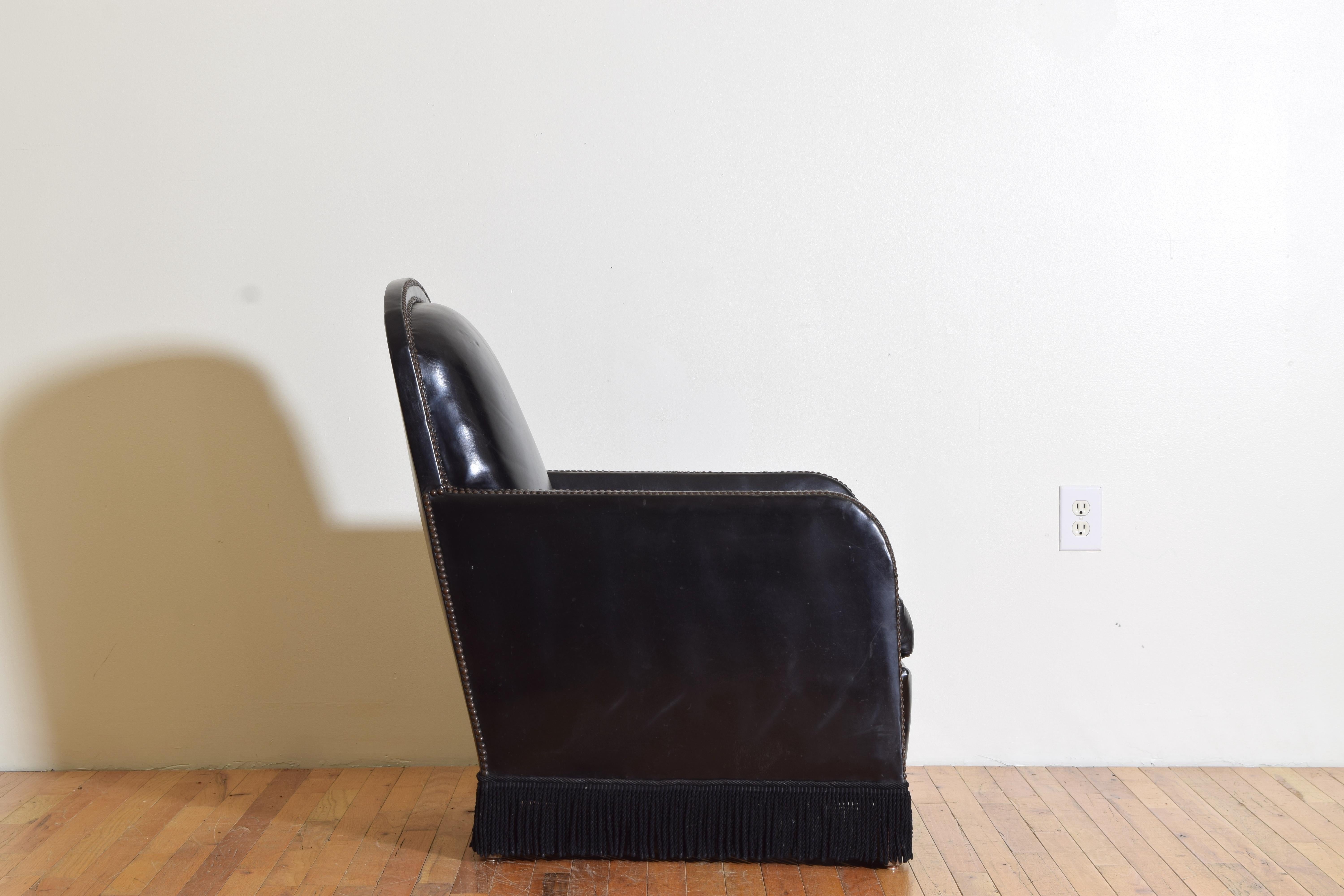 French Leather Upholstered with Fringe Club Chair, Mid-20th Century In Good Condition For Sale In Atlanta, GA