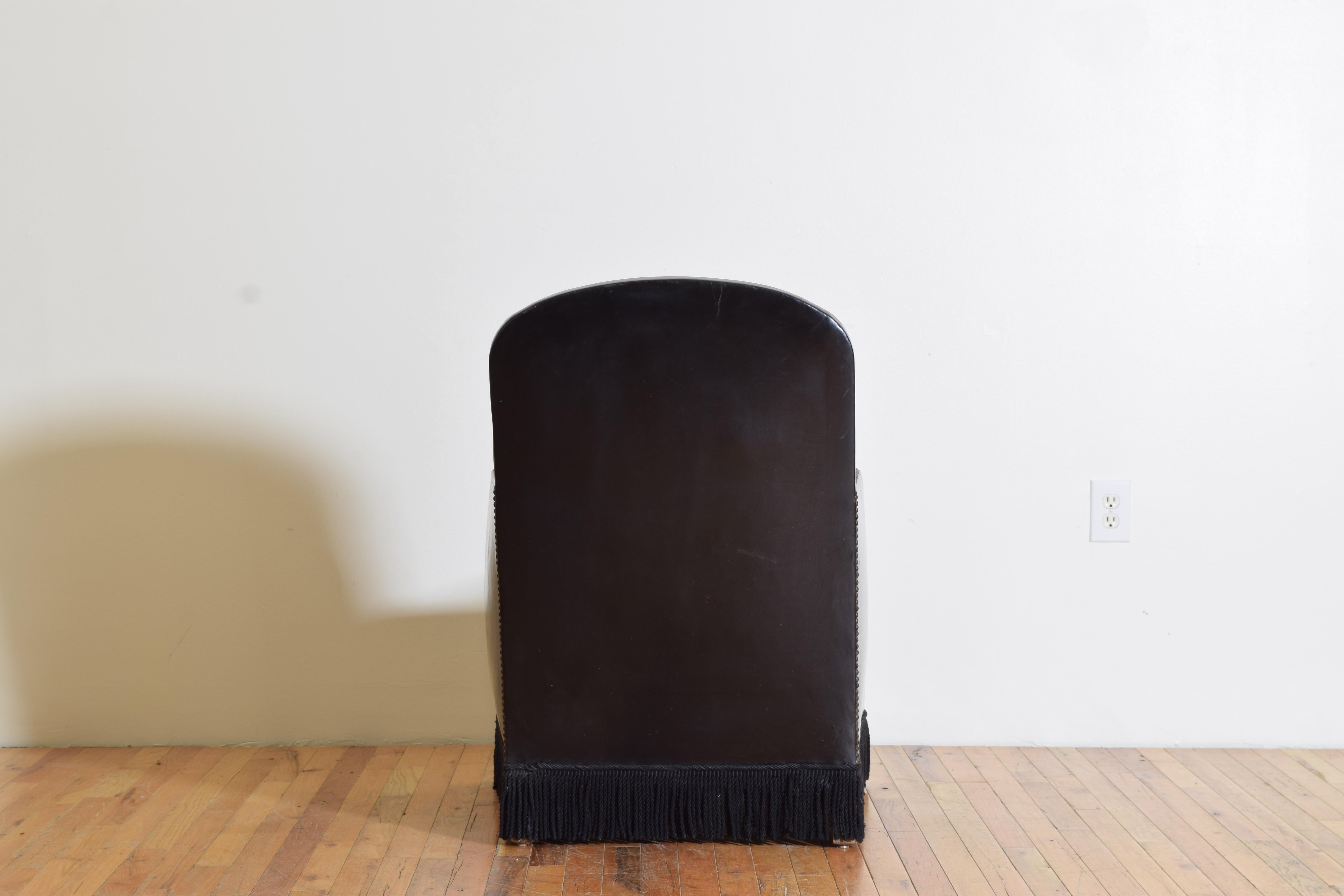 French Leather Upholstered with Fringe Club Chair, Mid-20th Century For Sale 1