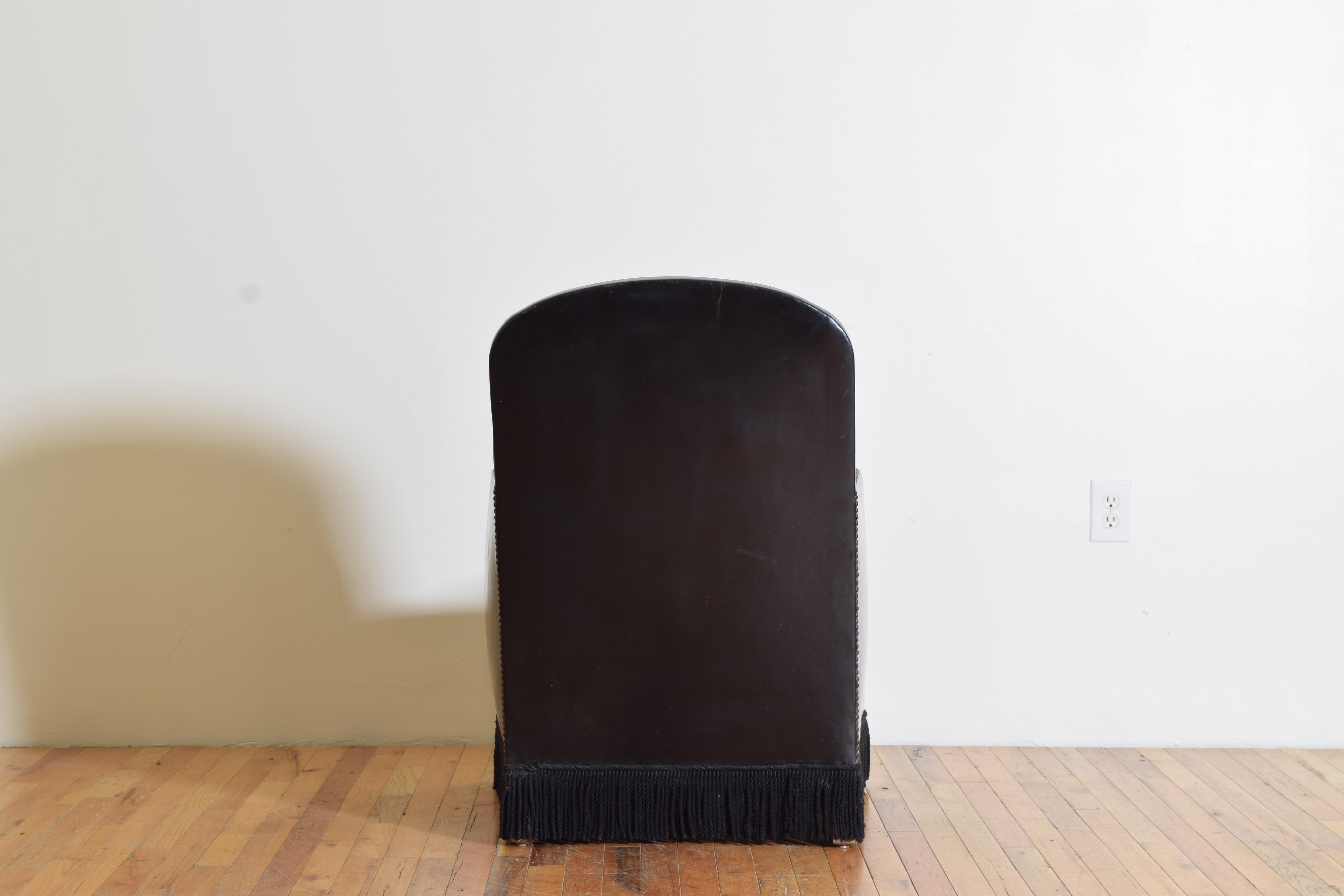 French Leather Upholstered with Fringe Club Chair, Mid-20th Century For Sale 1