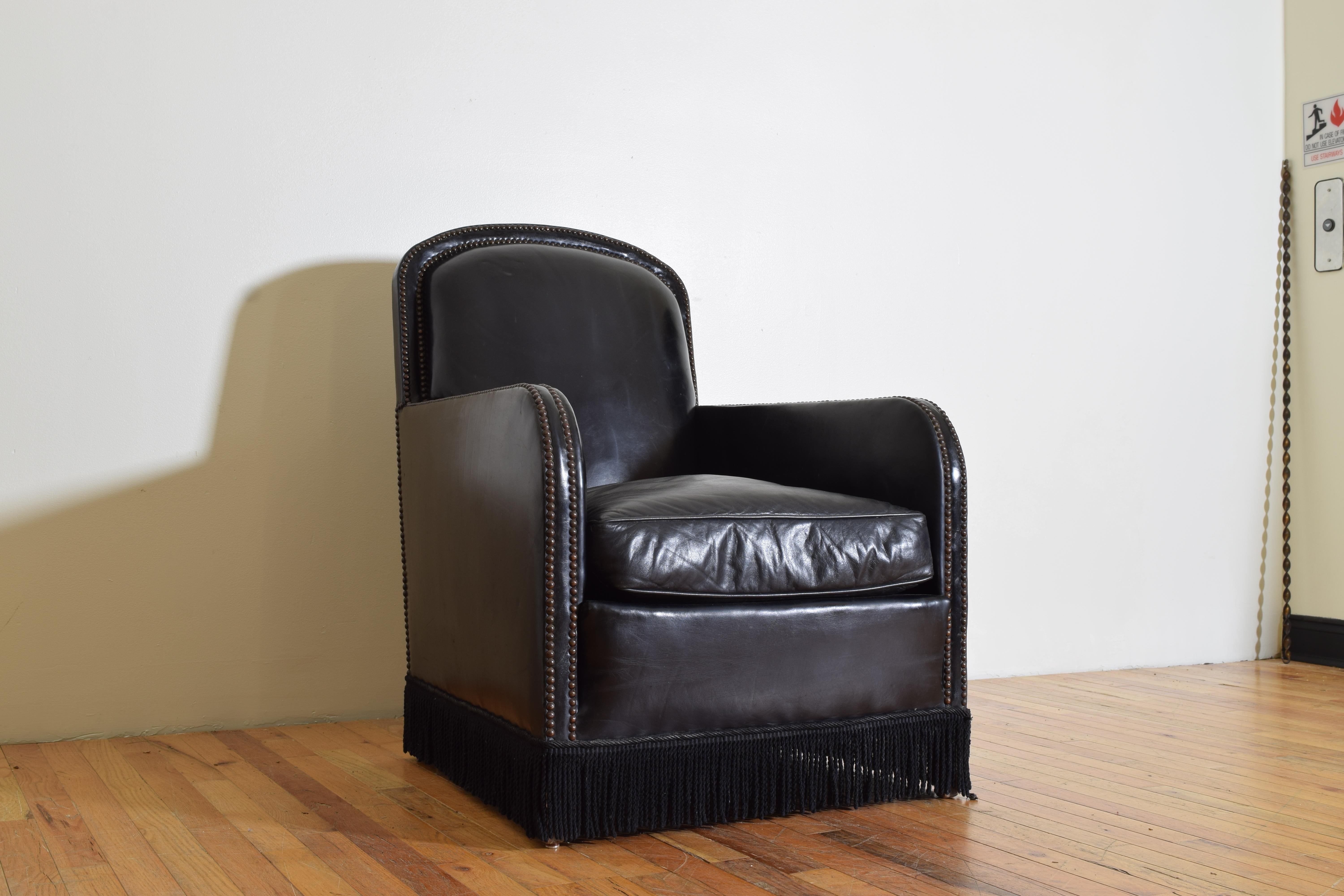 French Leather Upholstered with Fringe Club Chair, Mid-20th Century For Sale 2