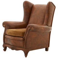 Spanish Leather Wingchair with Velvet Seat