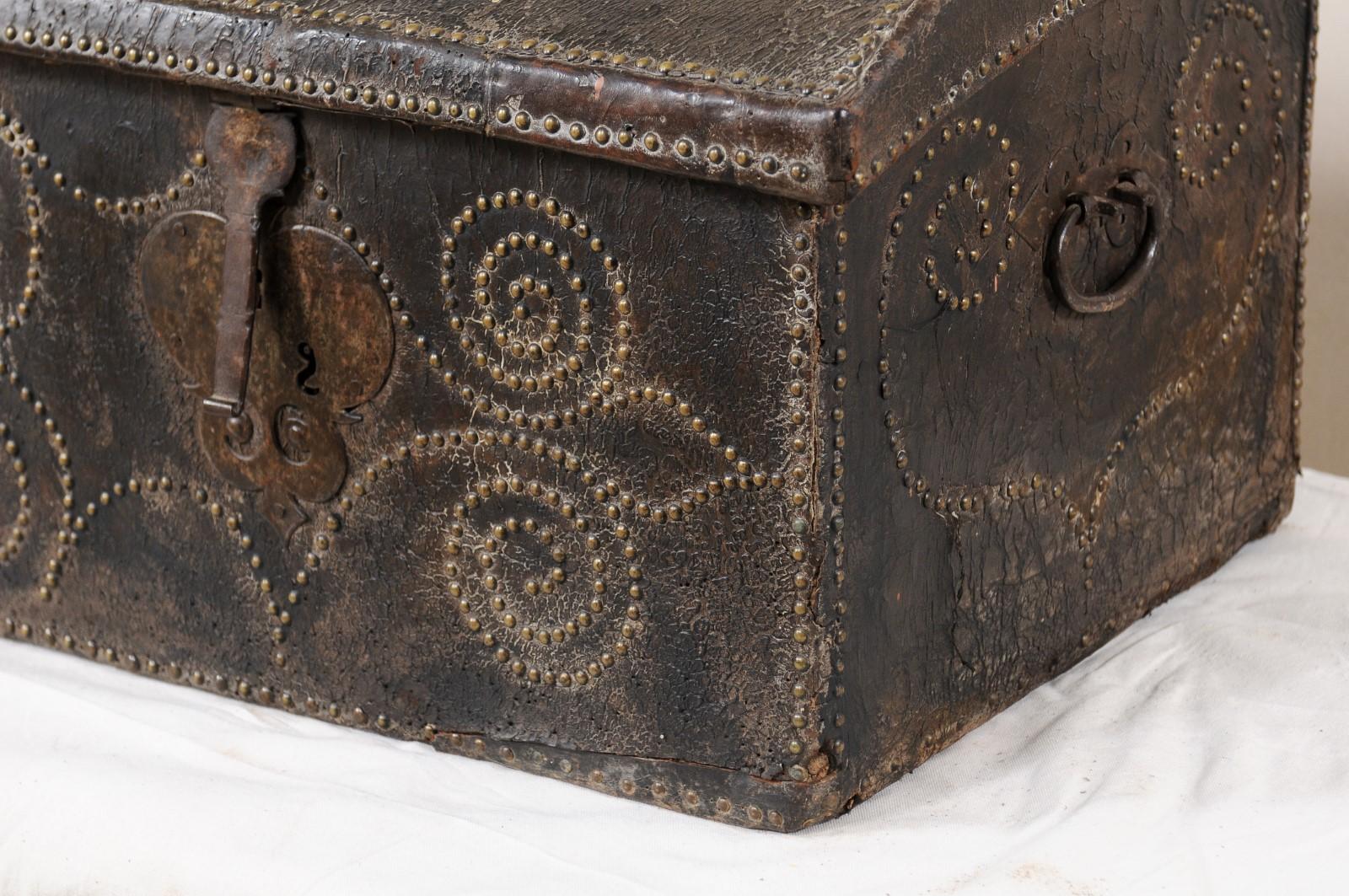 18th Century Spanish Leather-Wrapped Coffer with Nail Head Decor Trimmings