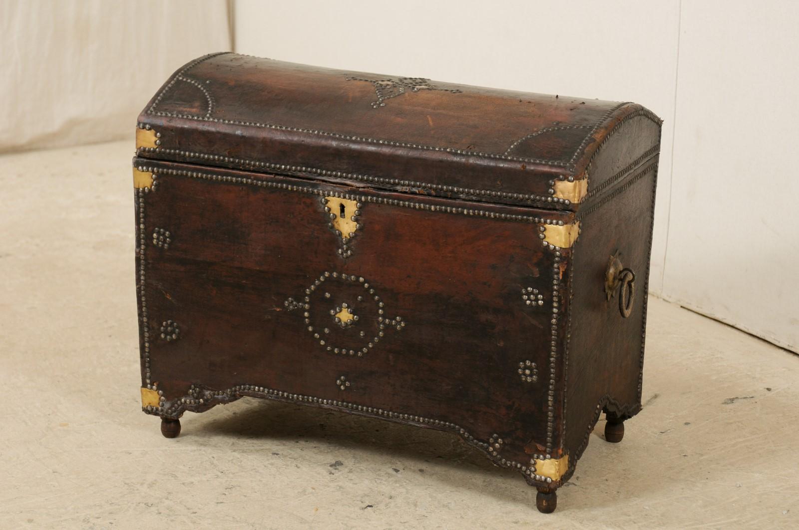 Wood Spanish Leather-Wrapped Domed Coffer with Brass Accents from the 19th Century  For Sale