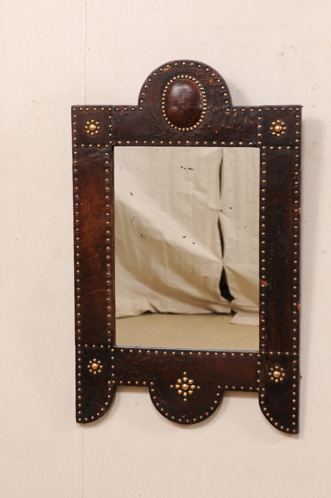Spanish Leather Wrapped Mirror with Brass Nail-Head Accents, Mid to Late 19th C. In Good Condition In Atlanta, GA