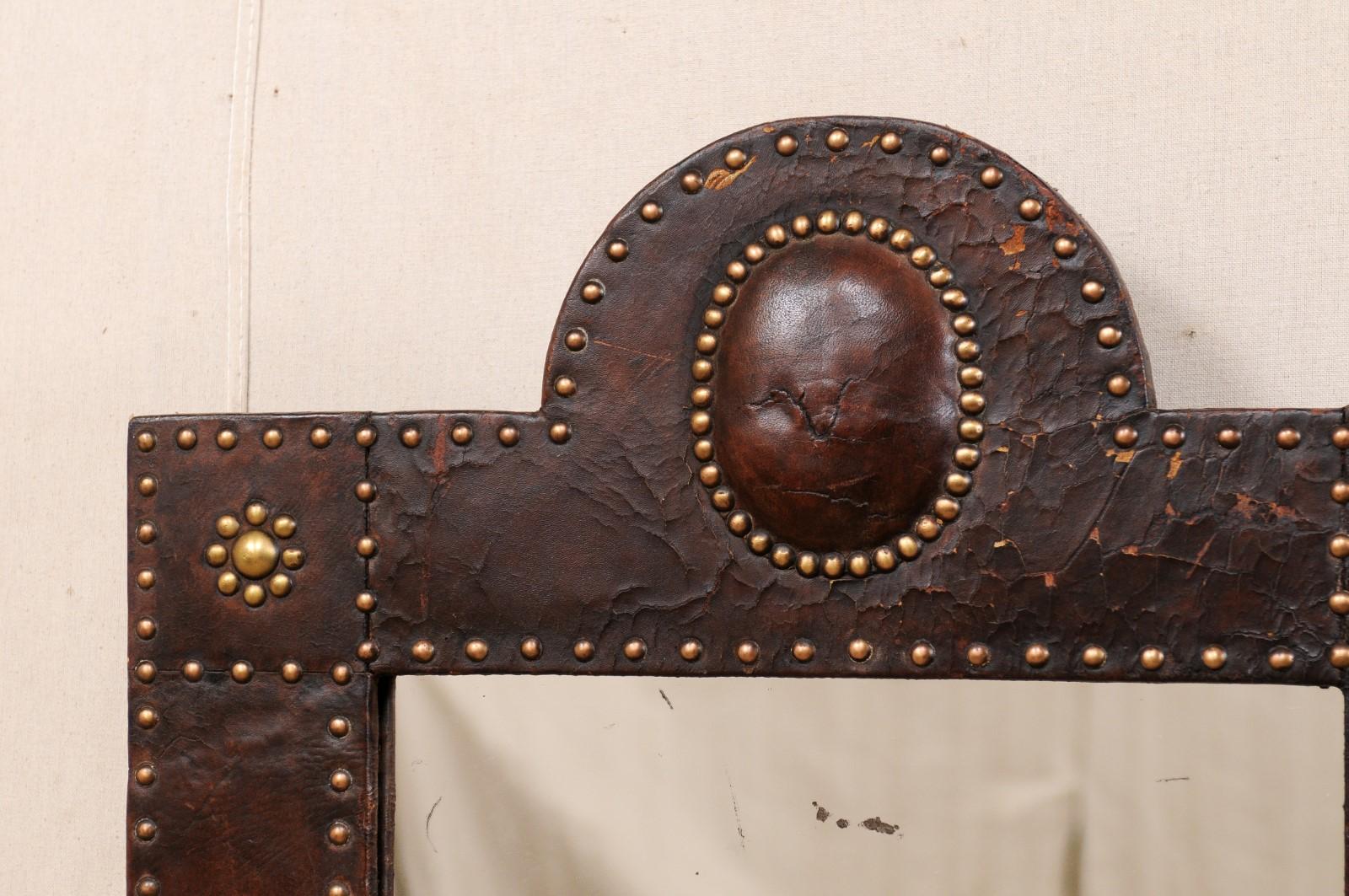 19th Century Spanish Leather Wrapped Mirror with Brass Nail-Head Accents, Mid to Late 19th C.