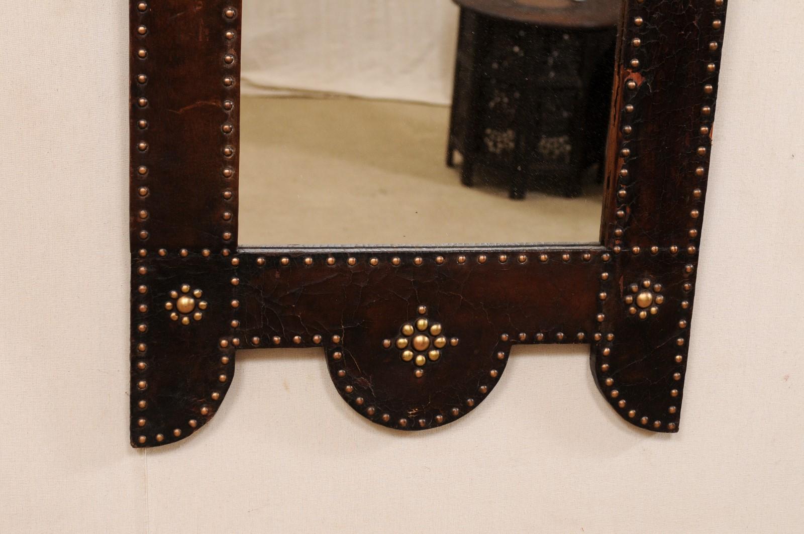 Spanish Leather Wrapped Mirror with Brass Nail-Head Accents, Mid to Late 19th C. 1