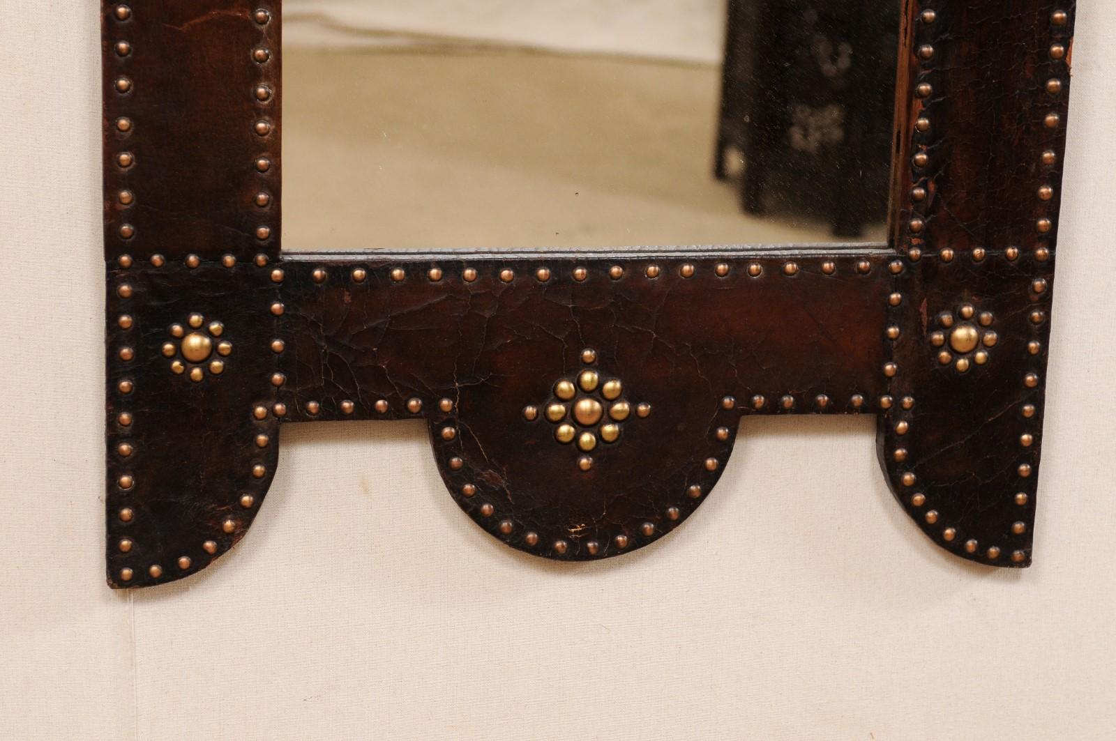 Spanish Leather Wrapped Mirror with Brass Nail-Head Accents, Mid to Late 19th C. 3