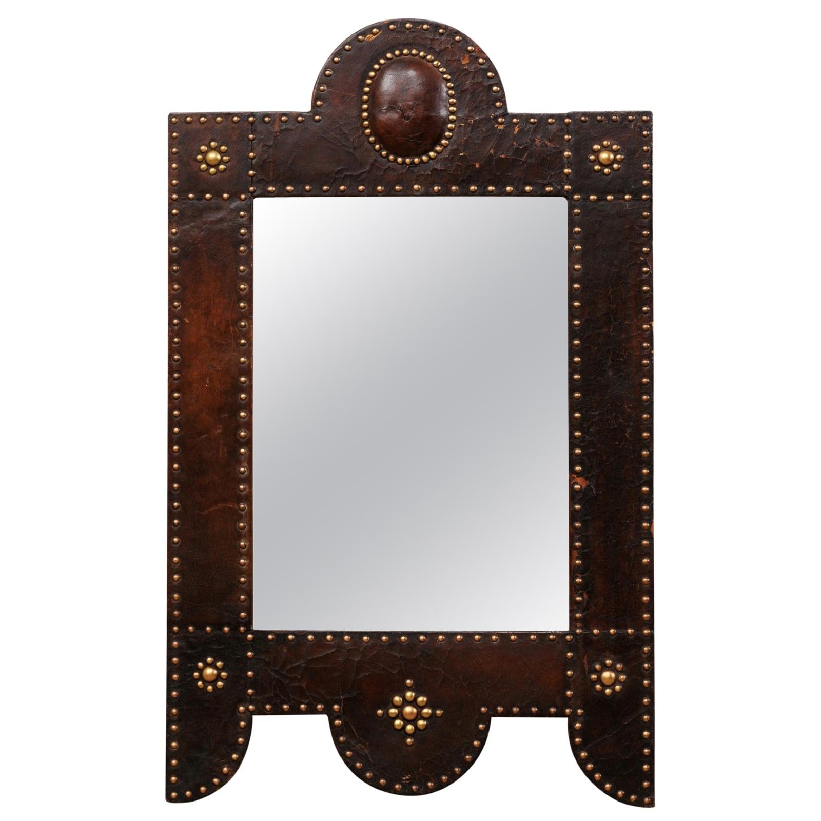 Spanish Leather Wrapped Mirror with Brass Nail-Head Accents, Mid to Late 19th C.