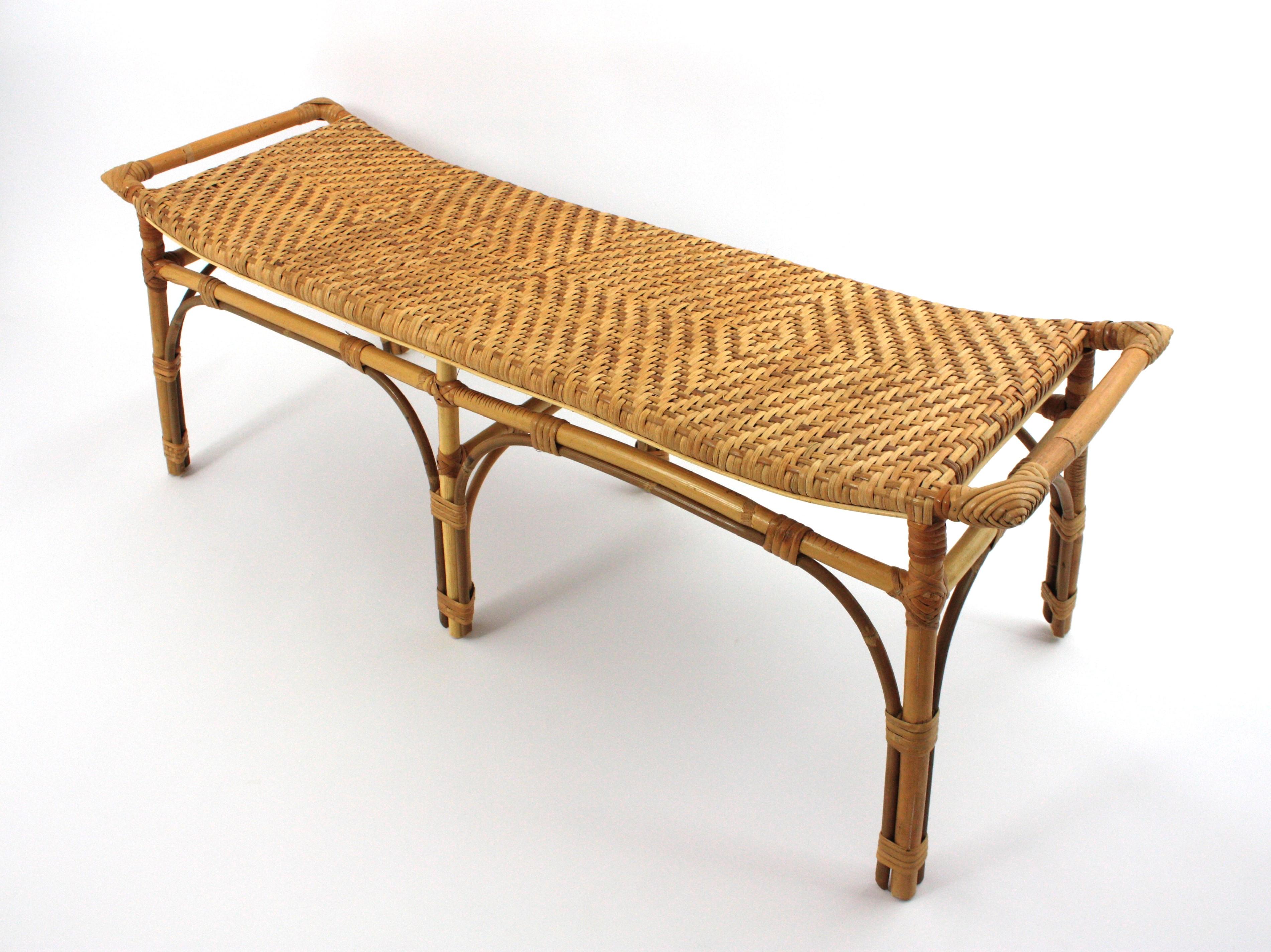 Fait main Spanish Long Bench or Coffee Table in Rattan and Woven Cane en vente