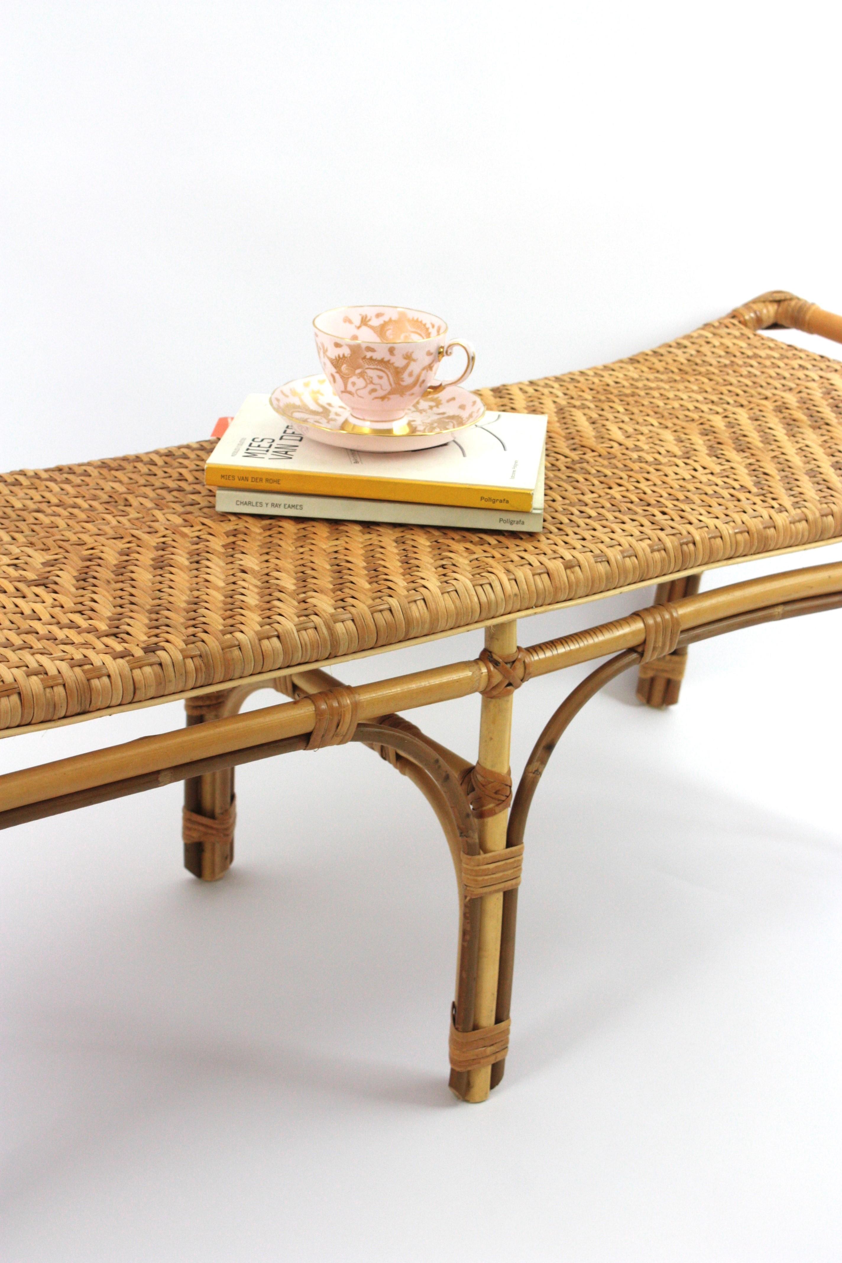 Bambou Spanish Long Bench or Coffee Table in Rattan and Woven Cane en vente