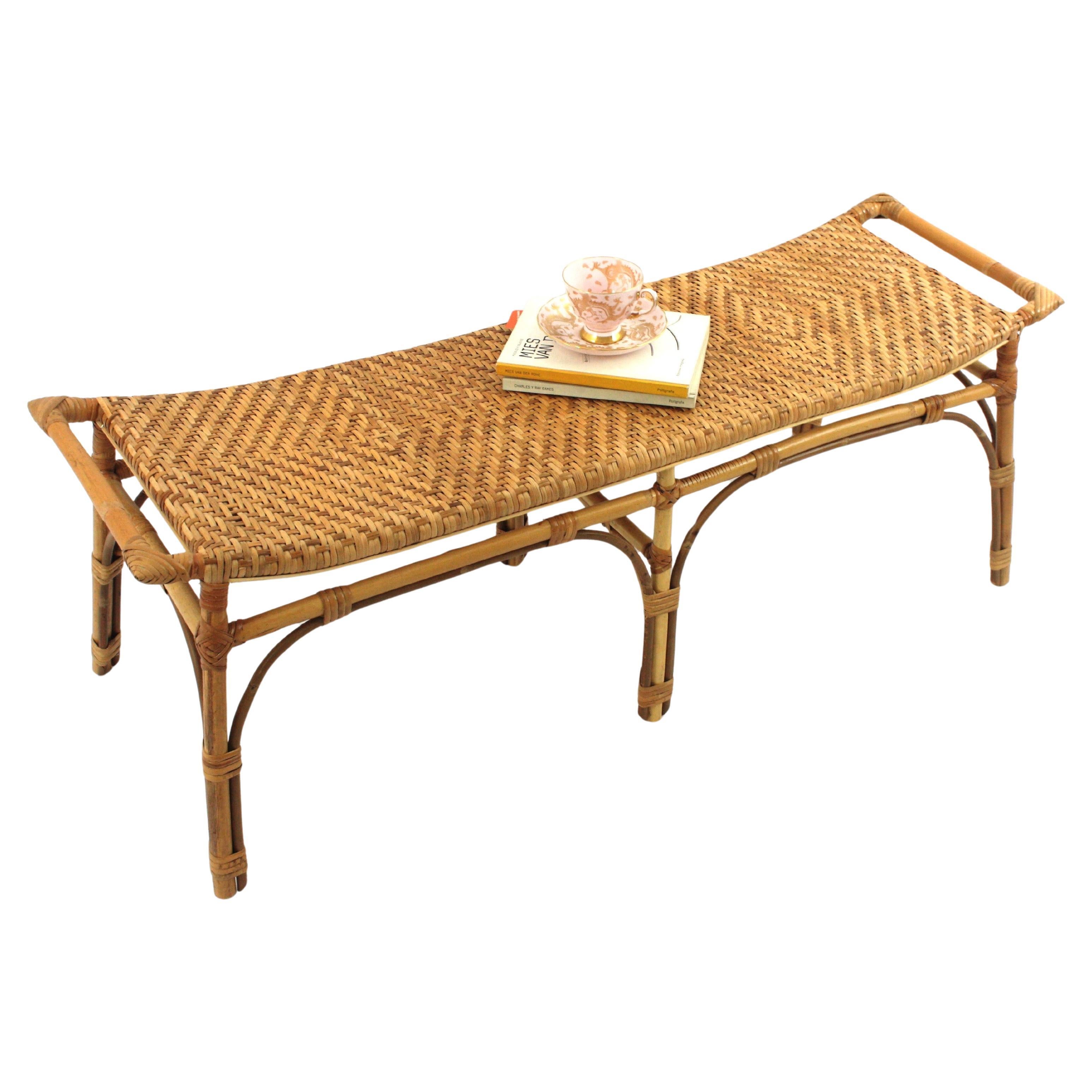 Spanish Long Bench or Coffee Table in Rattan and Woven Cane