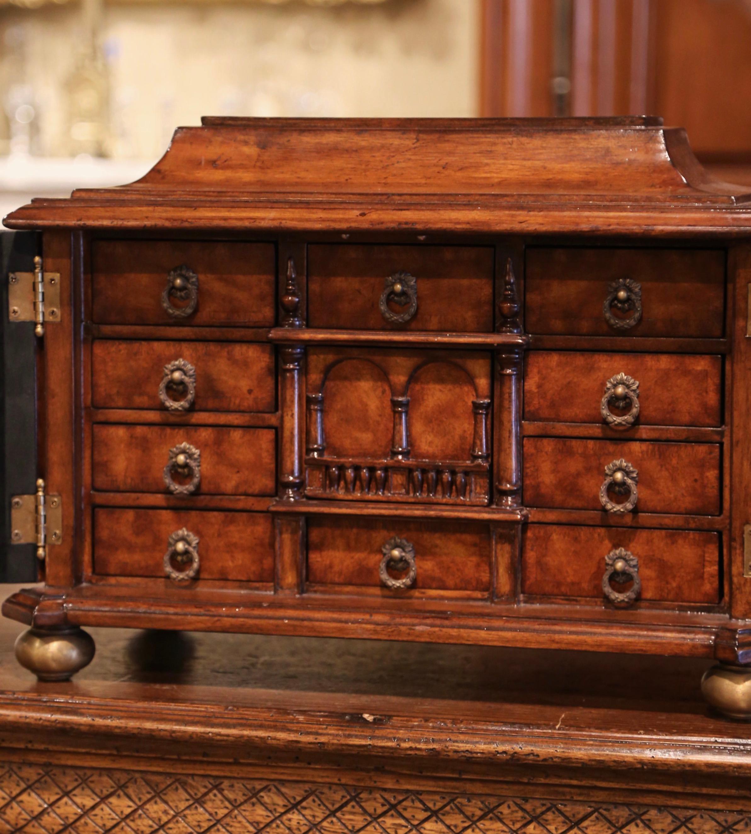 Spanish Louis XIII Carved Mahogany Bargueno Cabinet Jewelry Box In Excellent Condition In Dallas, TX