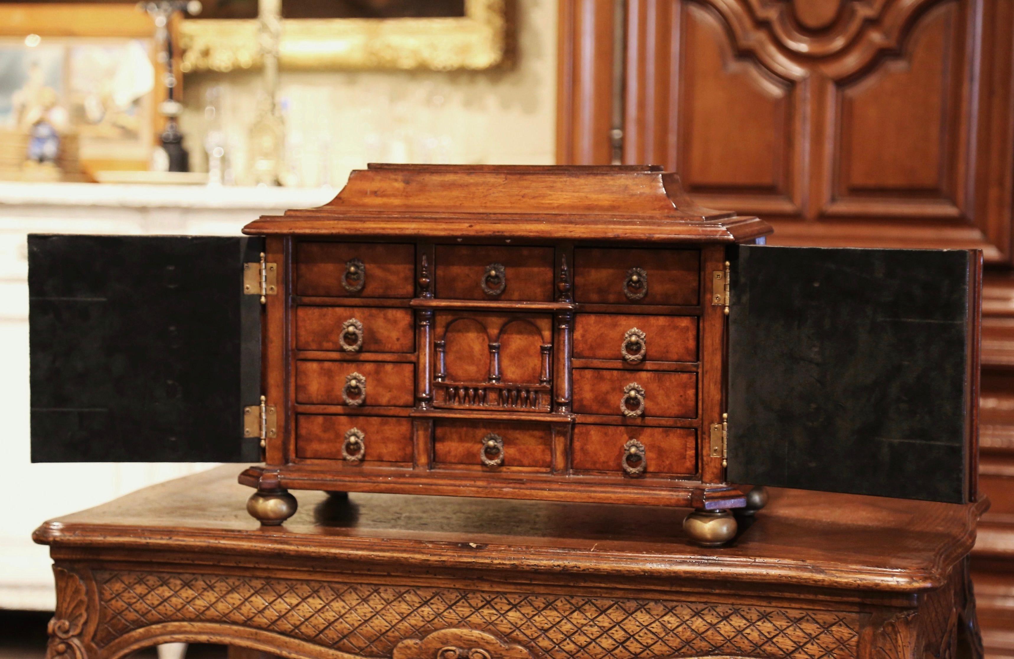 20th Century Spanish Louis XIII Carved Mahogany Bargueno Cabinet Jewelry Box
