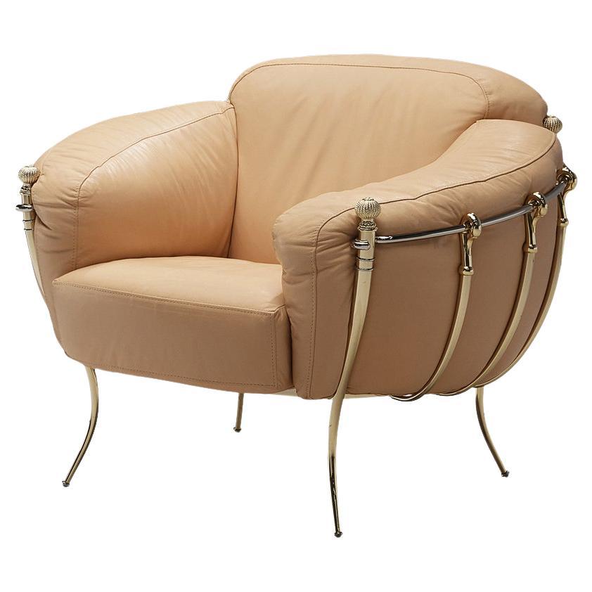 Spanish Lounge Chair in Peach Leather and Brass  For Sale