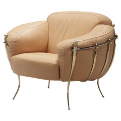 Used Spanish Lounge Chair in Peach Leather and Brass 