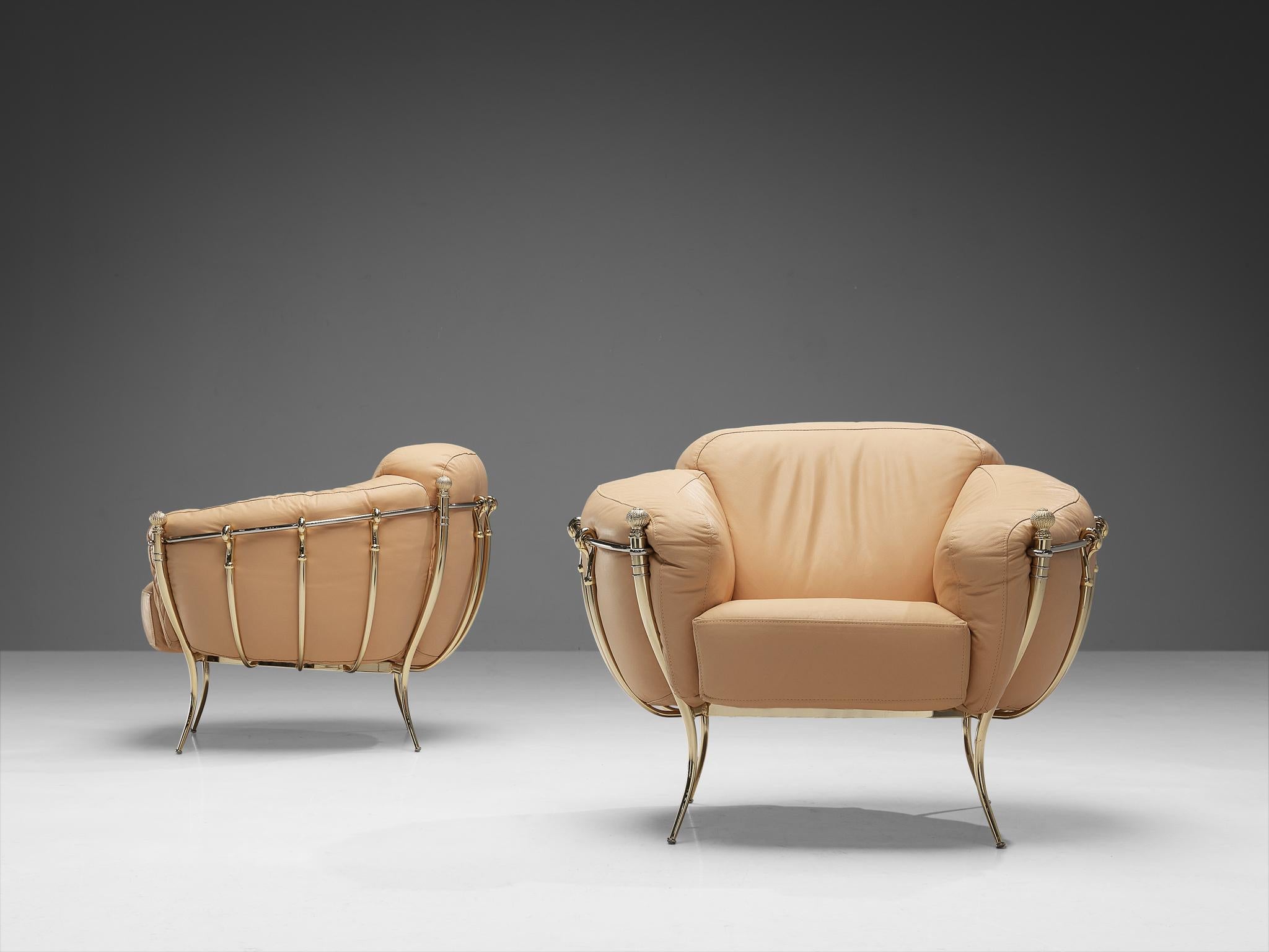 Spanish Lounge Chairs in Peach Leather and Brass For Sale 2