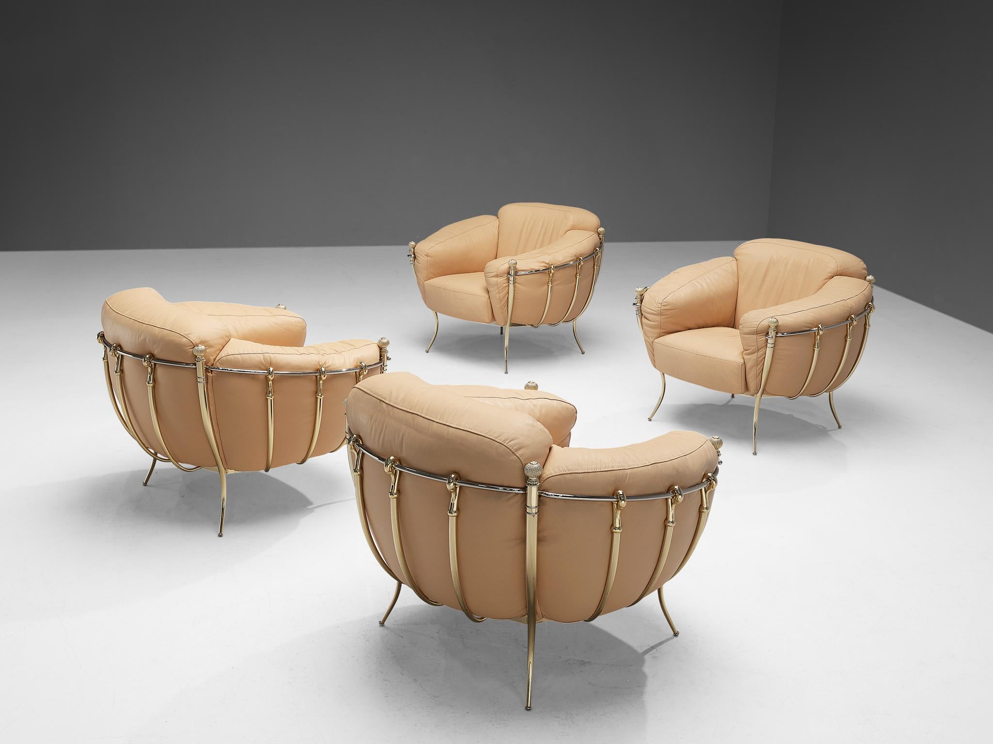 Spanish Lounge Chairs in Peach Leather and Brass 2