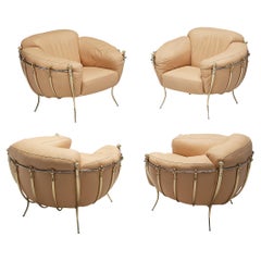 Spanish Lounge Chairs in Peach Leather and Brass